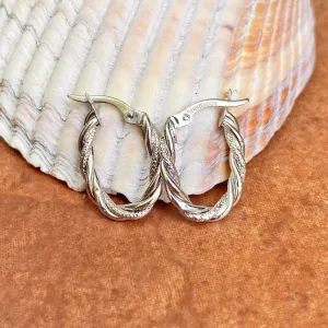 10KT White Gold Diamond-Cut   Polished Twisted Oval Hoop Earrings