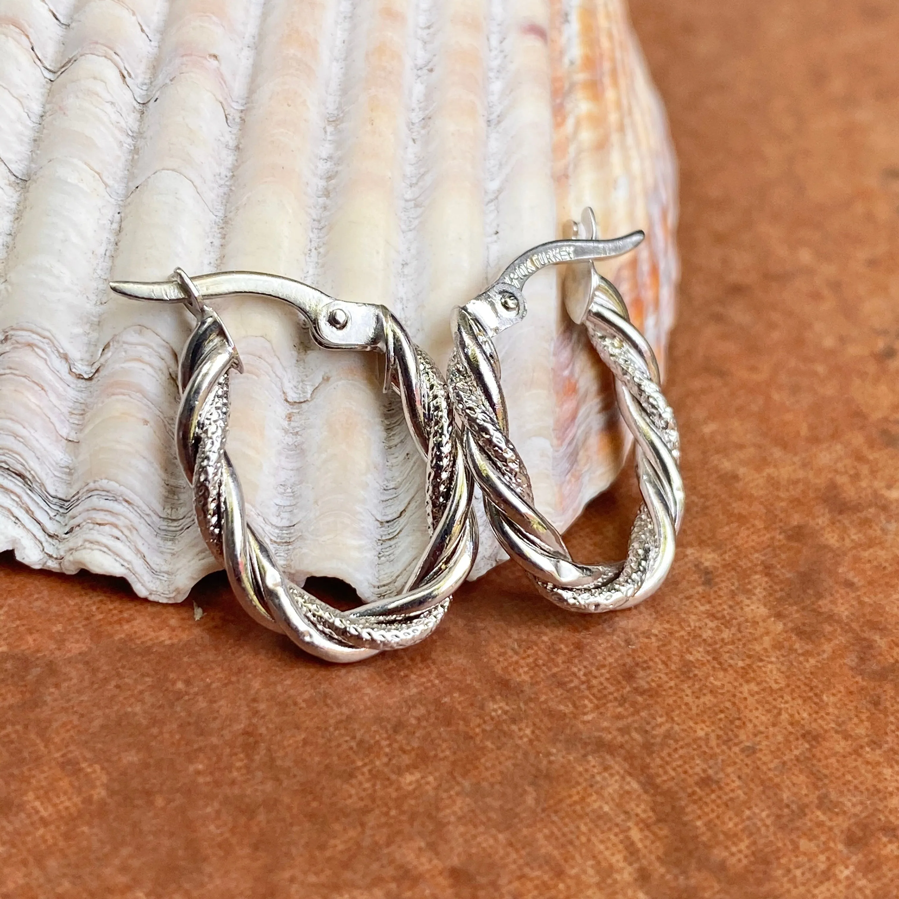 10KT White Gold Diamond-Cut   Polished Twisted Oval Hoop Earrings