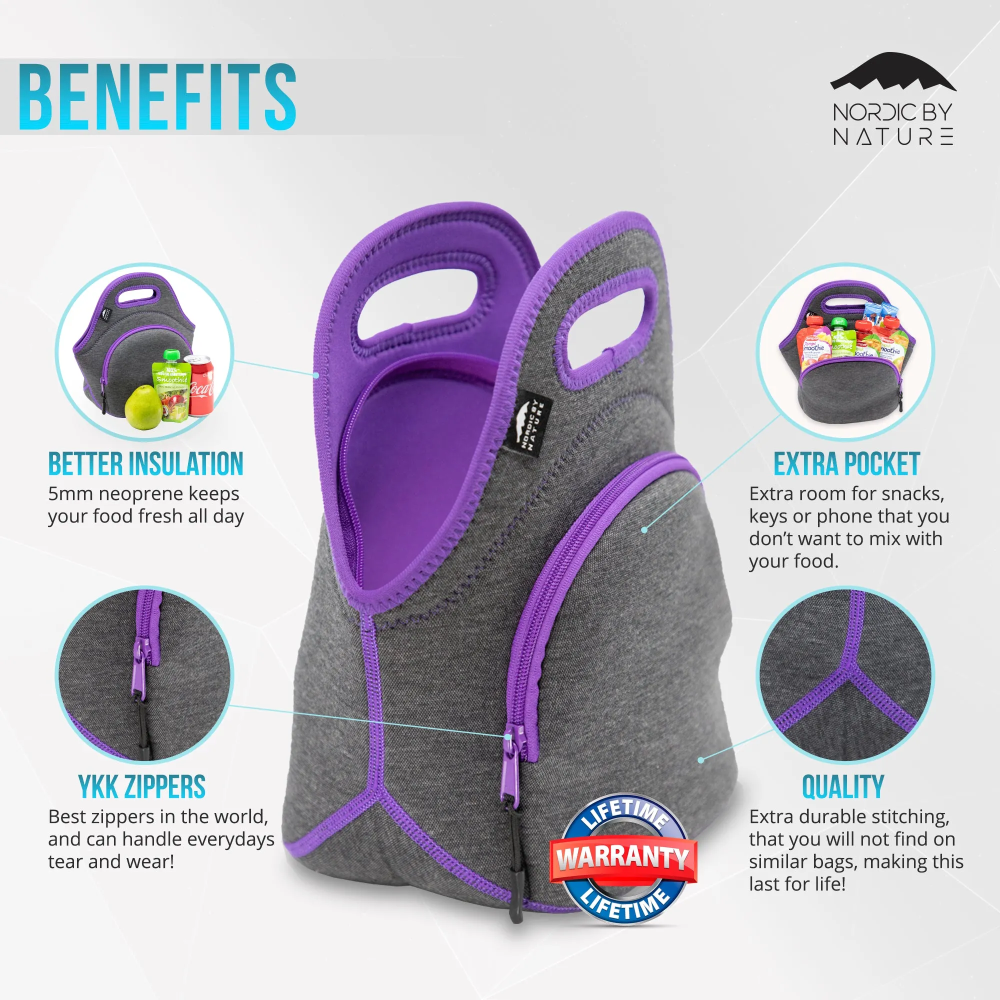 12" Cotton Lunch Bag Grey/Purple