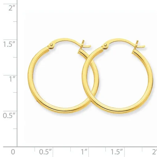 14 Karat Yellow Gold 2mm 1 inch Hoop Earrings
