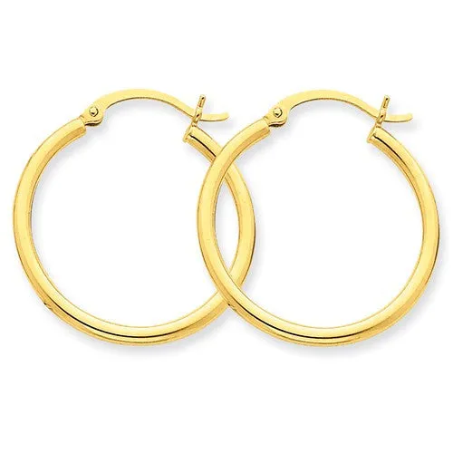 14 Karat Yellow Gold 2mm 1 inch Hoop Earrings