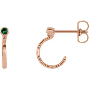 14K Rose 2 mm Round Emerald Bezel-Set J-Hoop Earrings