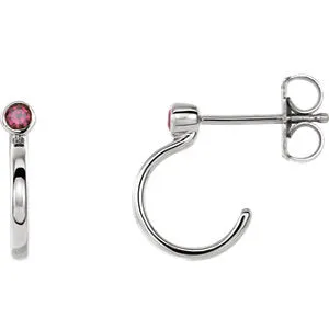 14K White 2 mm Round Chatham® Created Ruby Bezel-Set J-Hoop Earrings
