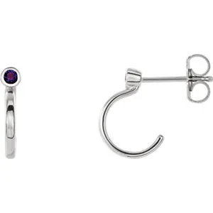 14K White 2.5 mm Round Amethyst Bezel-Set J-Hoop Earrings