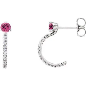 14K White Pink Tourmaline & 1/6 CTW Diamond J-Hoop Earrings