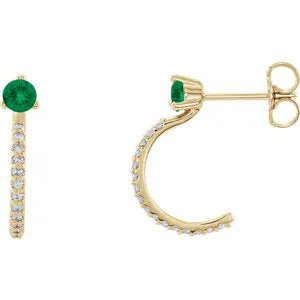 14K Yellow Chatham® Created Emerald & 1/6 CTW Diamond J-Hoop Earrings