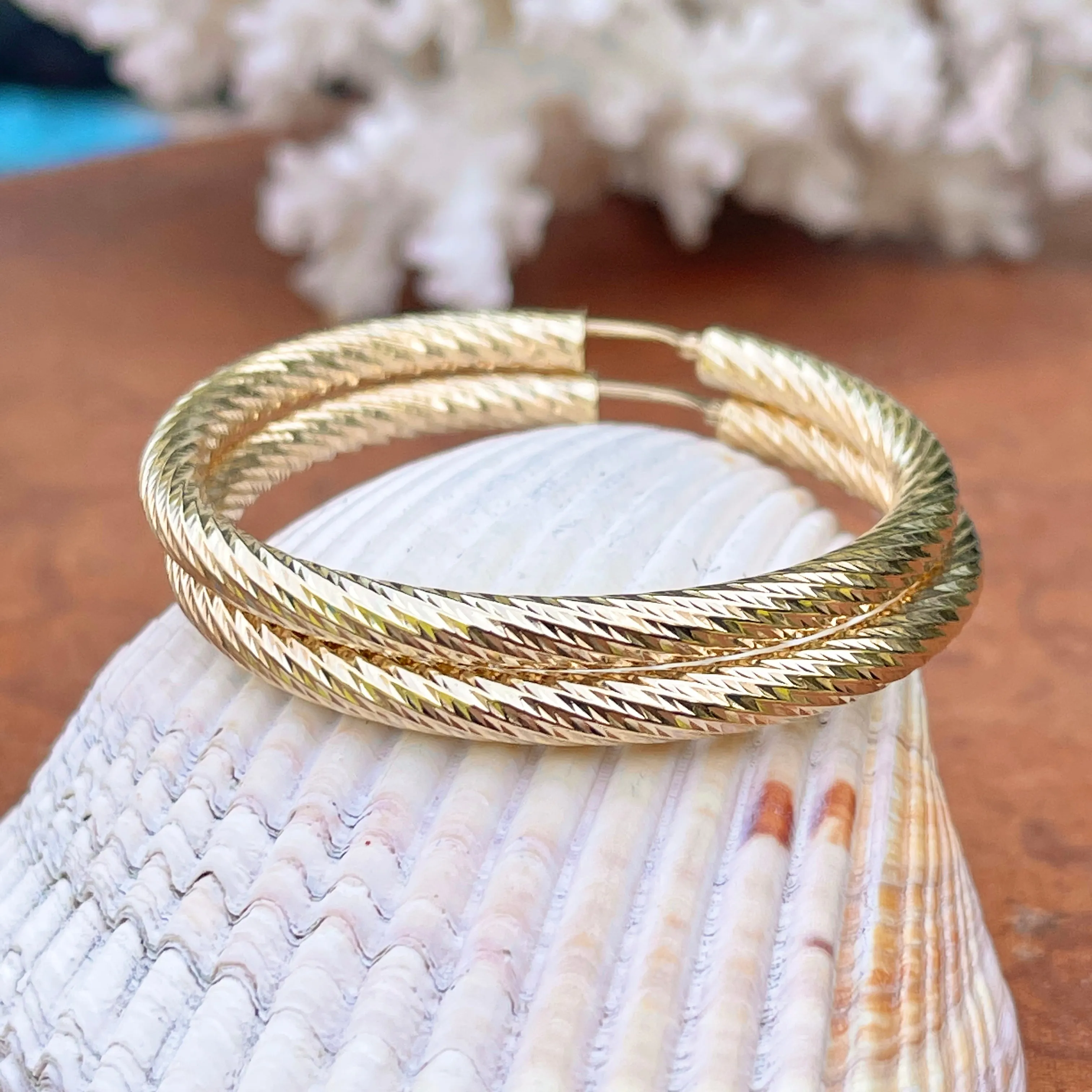 14KT Yellow Gold Diamond-Cut Tube Hoop Earrings 50mm