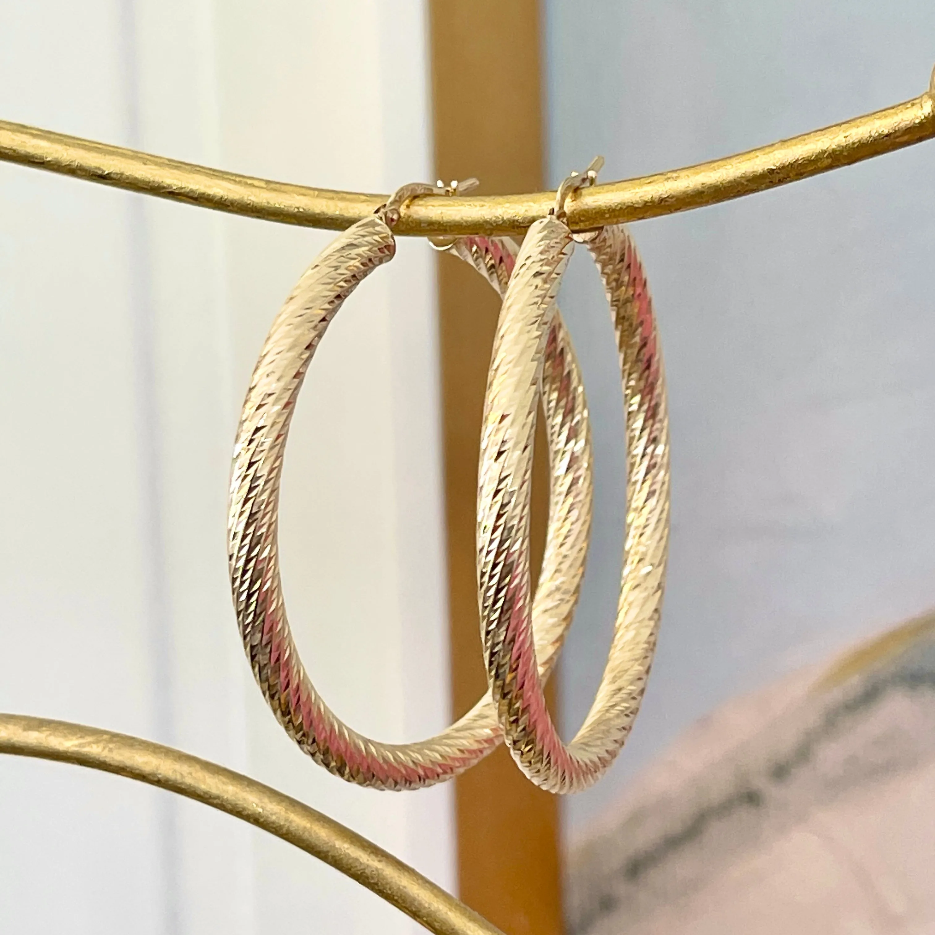 14KT Yellow Gold Diamond-Cut Tube Hoop Earrings 50mm