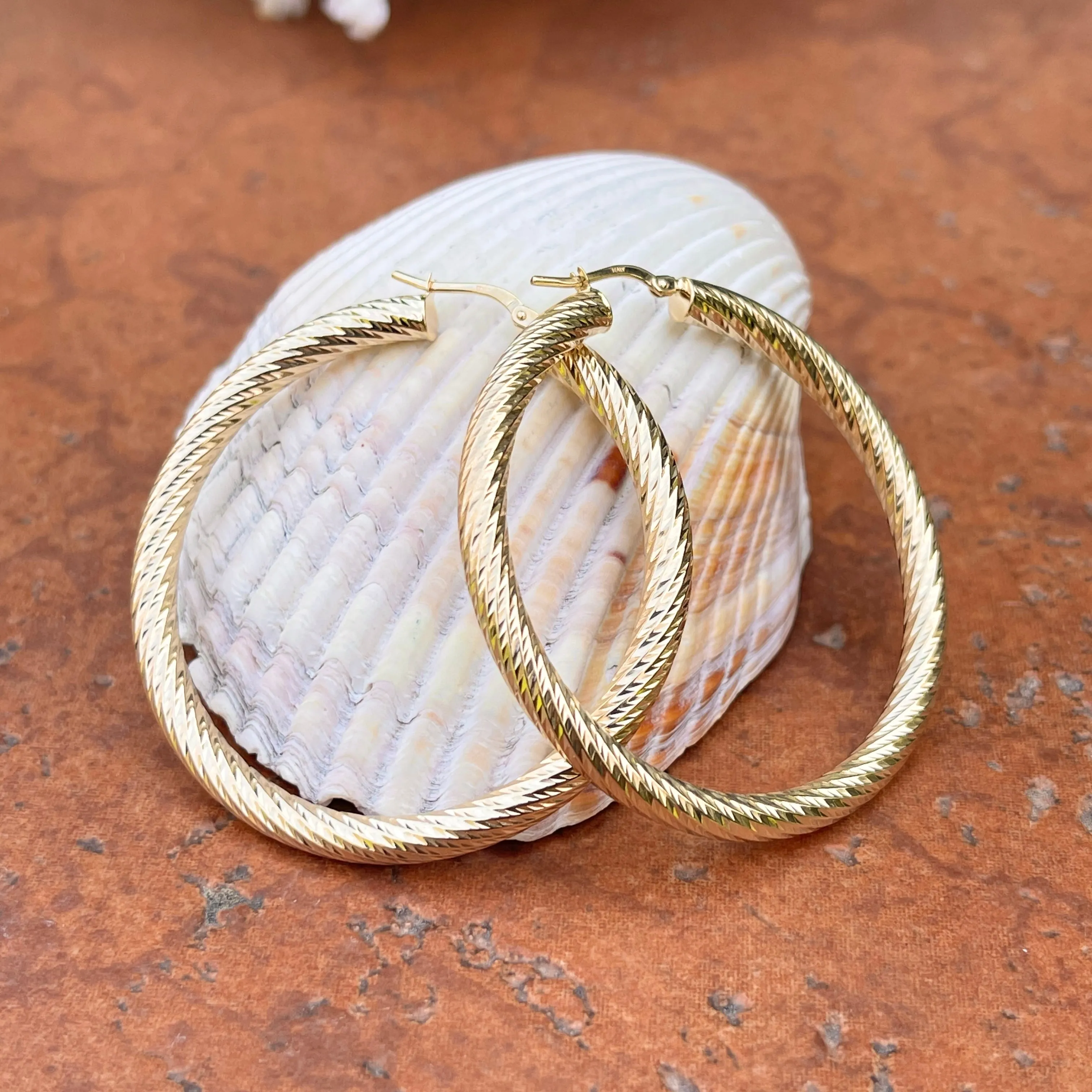 14KT Yellow Gold Diamond-Cut Tube Hoop Earrings 50mm