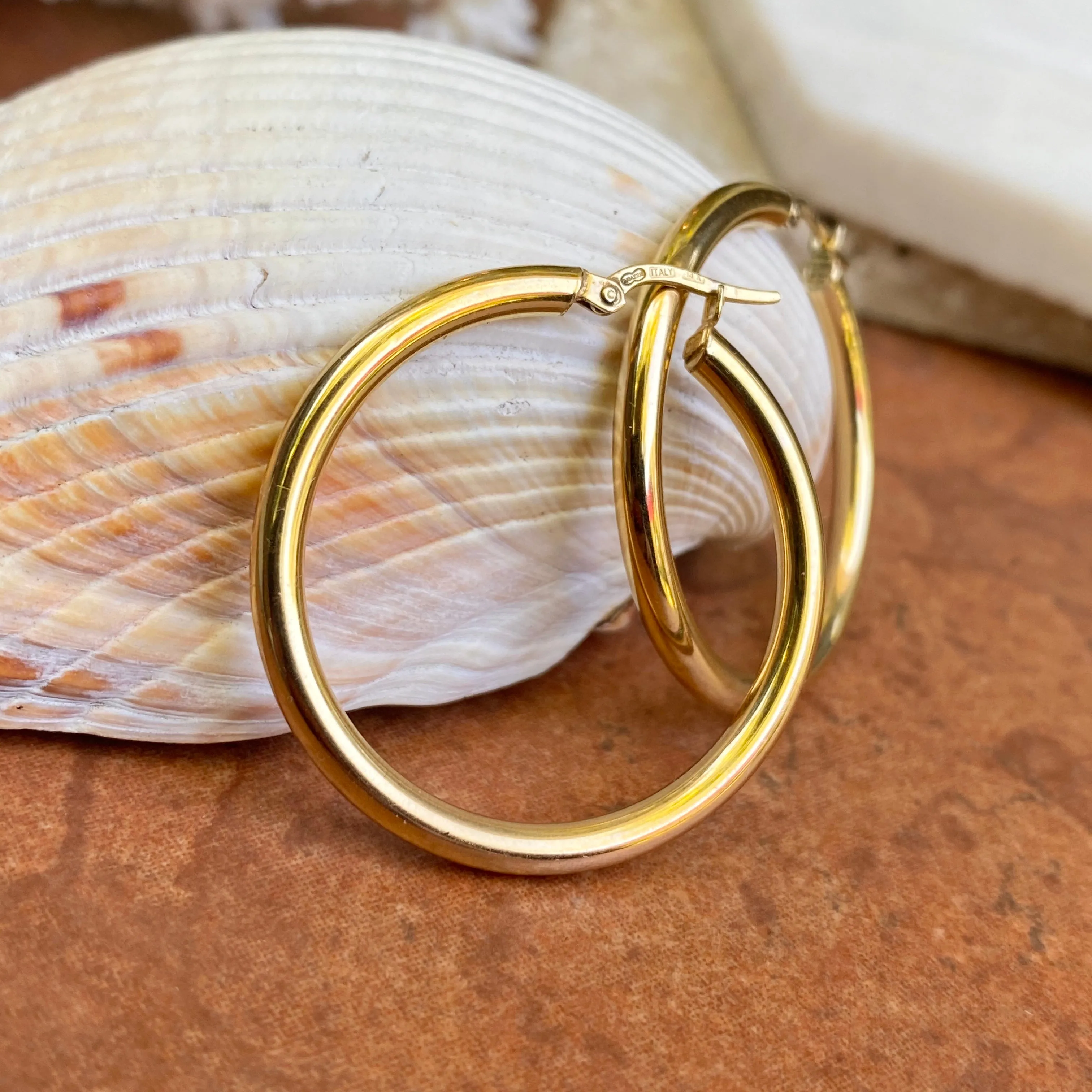 14KT Yellow Gold Polished 3mm Tube Hoop Earrings 35mm