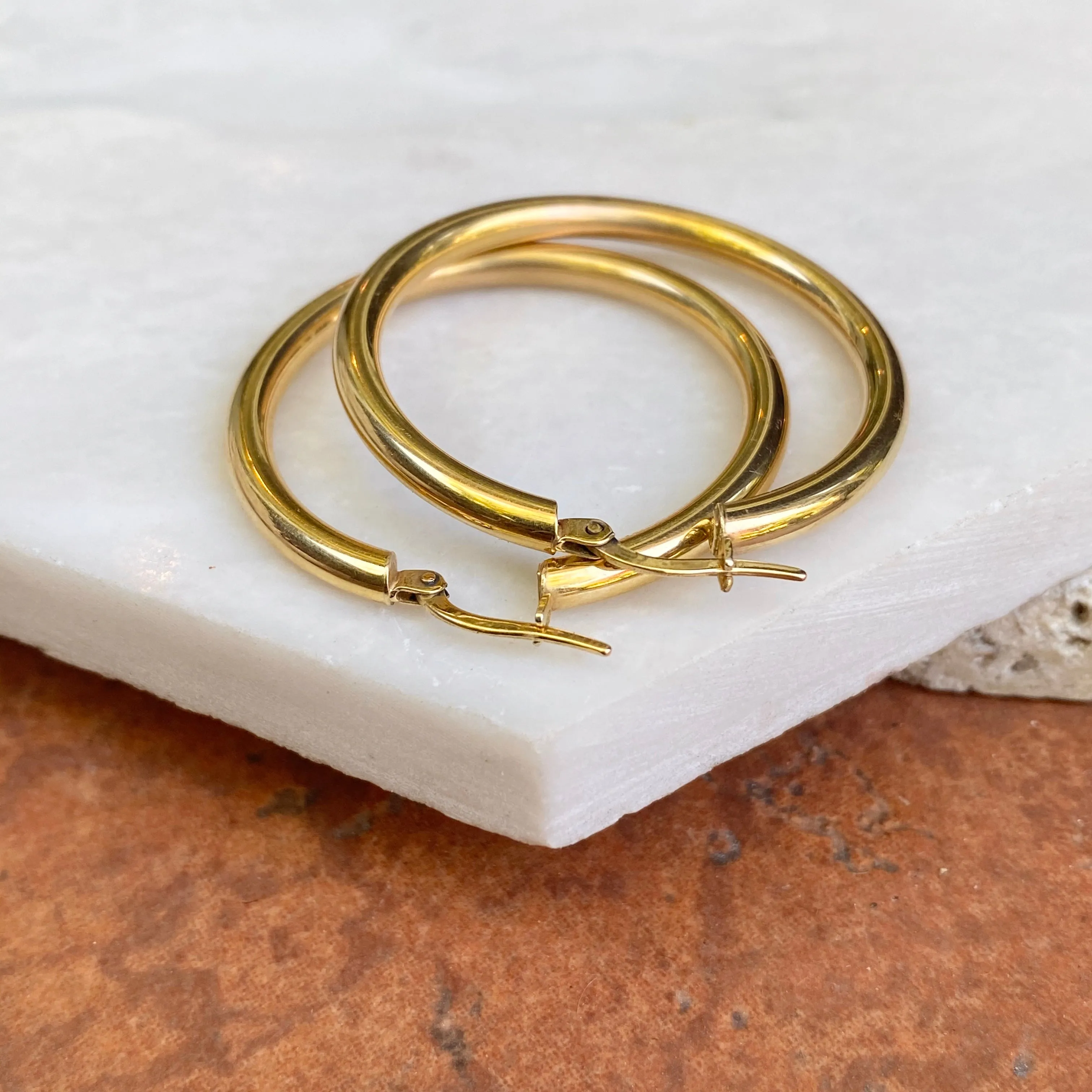 14KT Yellow Gold Polished 3mm Tube Hoop Earrings 35mm