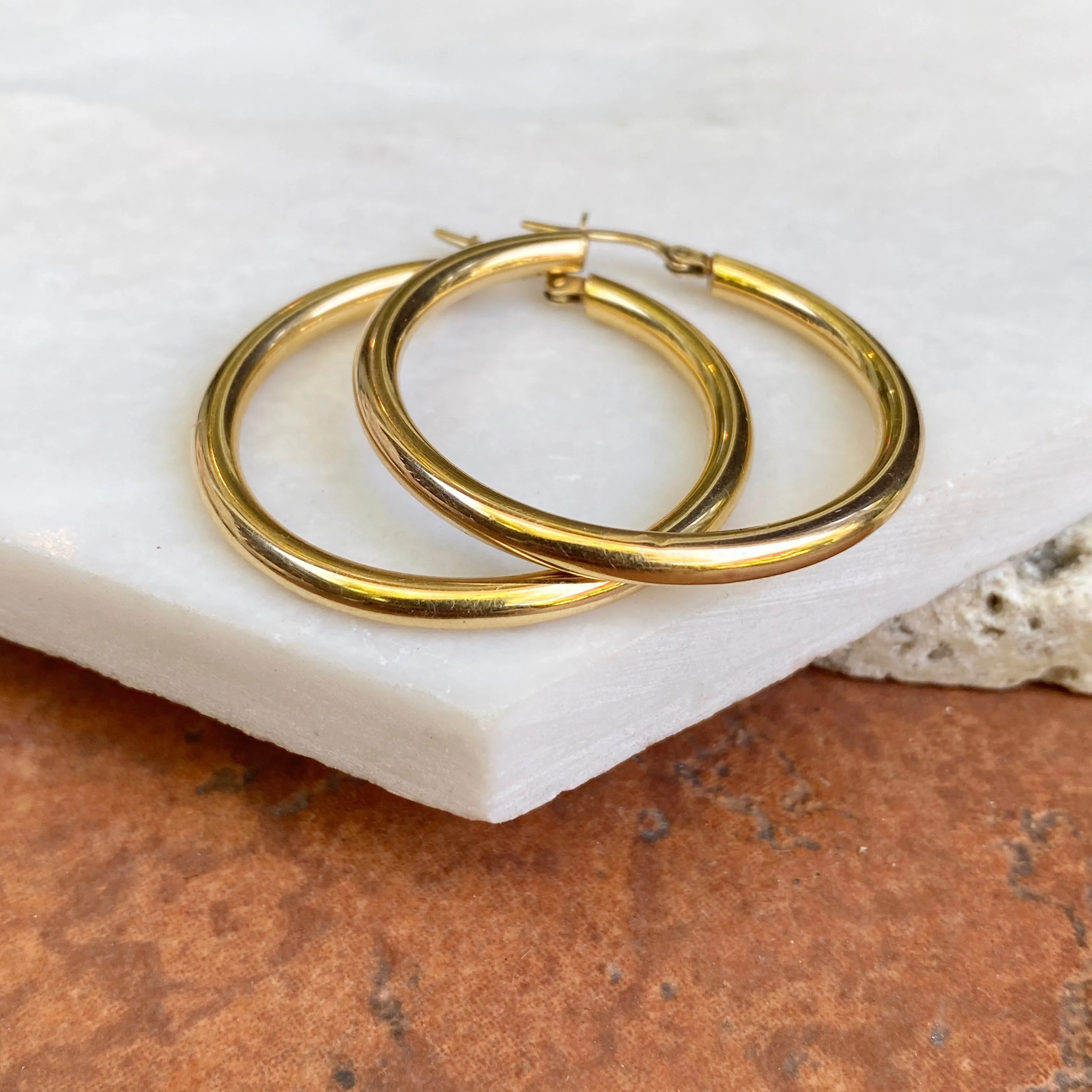 14KT Yellow Gold Polished 3mm Tube Hoop Earrings 35mm
