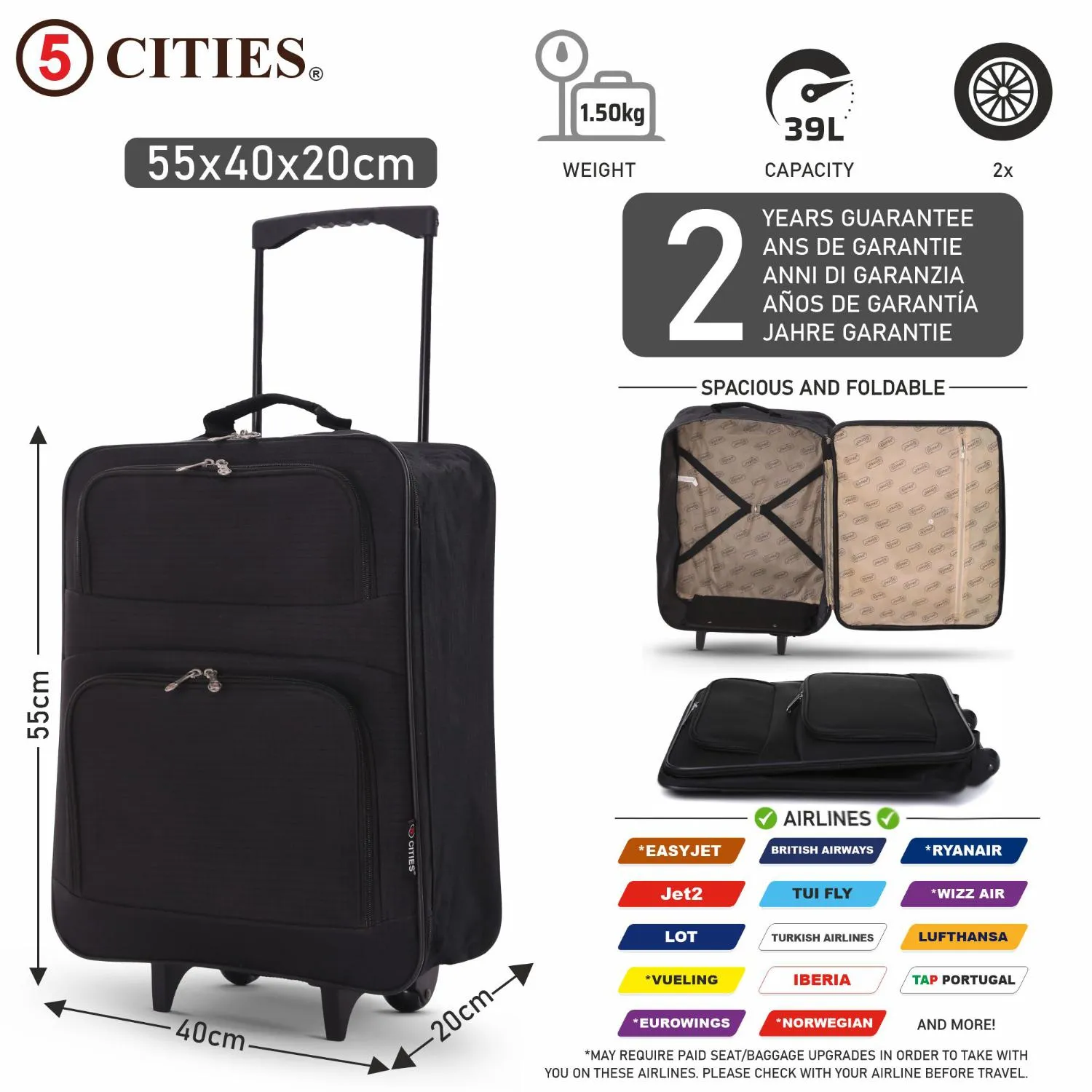 5 Cities (55x40x20cm) Lightweight Folding Cabin Hand Luggage (x2 Set)