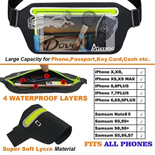 AIKENDO Slim Running Belt Fanny Pack,Fitness Waist Pouch Bag Exercis Gym Waist Pack,Jogging Belt Runners for iPhone XS Max XR 8 7 plus Samsung Note,Workout Running Accessories Phone Holder for Running