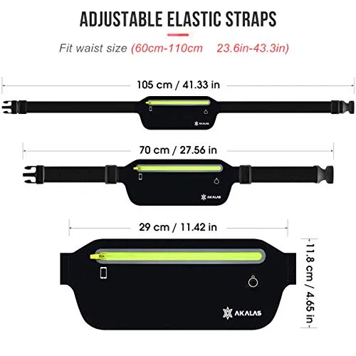 Akalas Ultra Slim Running Belt Waist Pack, No-Bounce Lightweight Fanny Pack, Water Resistant Runner Waist Bag, Adjustable Running Pouch for Gym Workouts, Travel & Outdoor Activities
