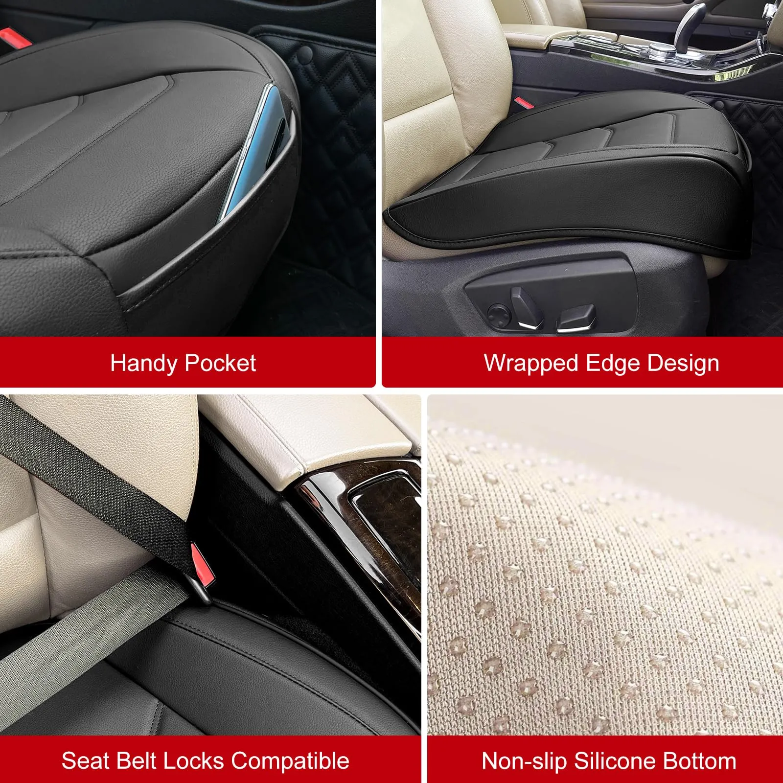 BOPUOVRE Luxury PU Leather Car Seat Cover with Storage Pocketm, Full Protection Universal - Black,1 Piece