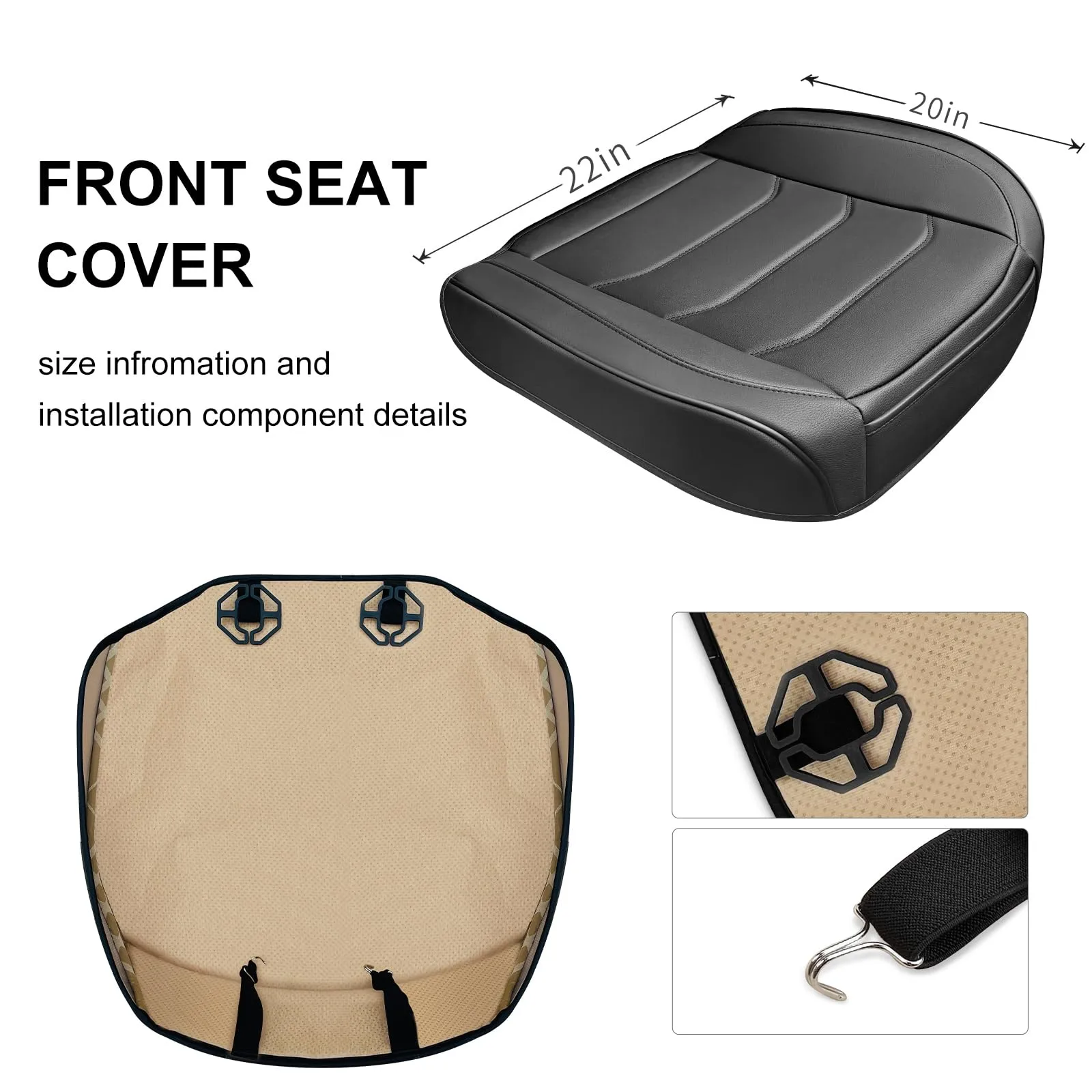 BOPUOVRE Luxury PU Leather Car Seat Cover with Storage Pocketm, Full Protection Universal - Black,1 Piece