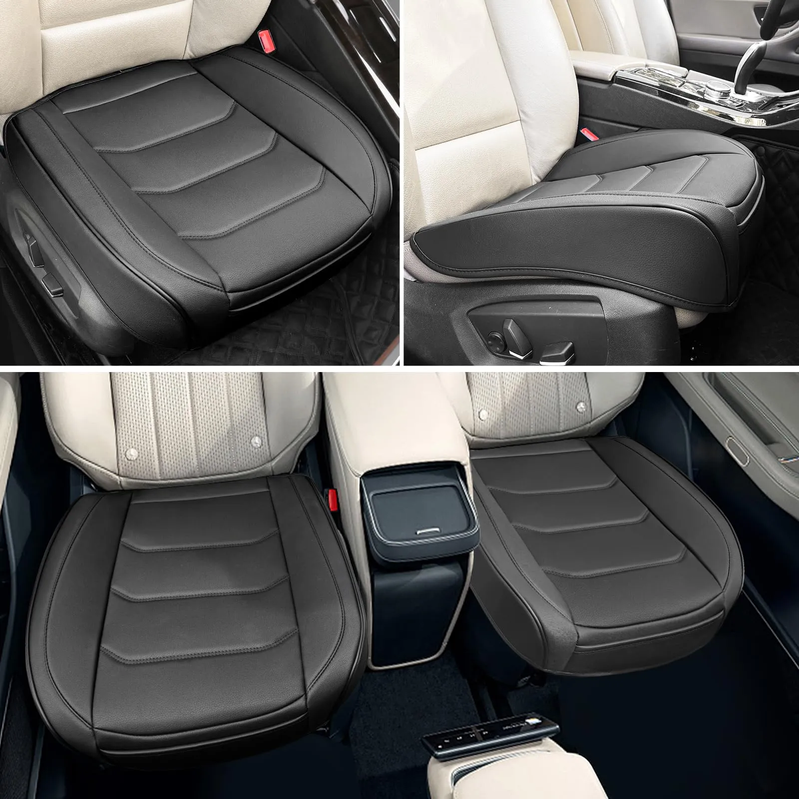 BOPUOVRE Luxury PU Leather Car Seat Cover with Storage Pocketm, Full Protection Universal - Black,1 Piece