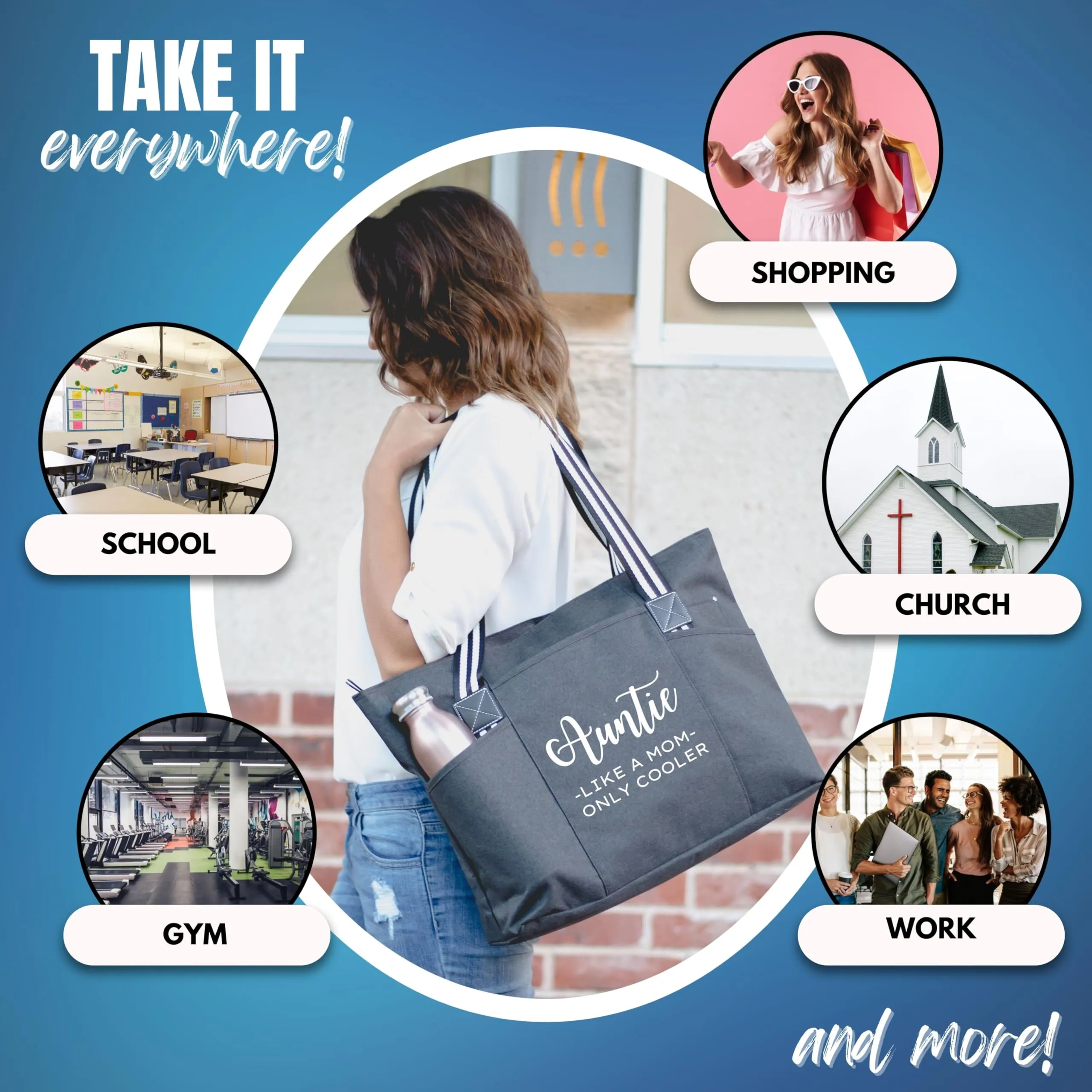 Brooke & Jess Designs Aunt Gifts - Canvas Tote Bag with Pockets from Niece, Nephew-Birthday, Christmas (Auntie Like a Mom Only Cooler Tessa Black)