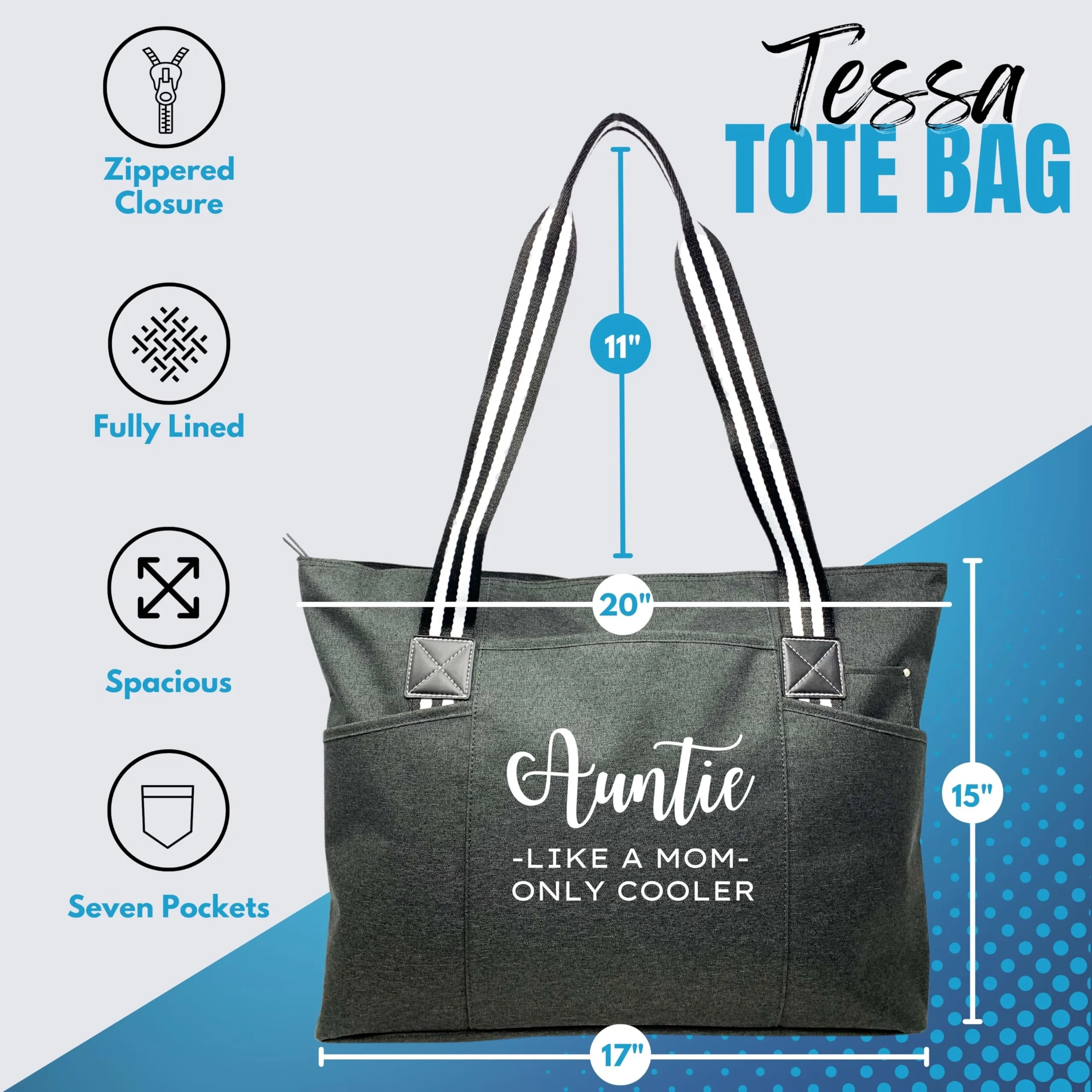 Brooke & Jess Designs Aunt Gifts - Canvas Tote Bag with Pockets from Niece, Nephew-Birthday, Christmas (Auntie Like a Mom Only Cooler Tessa Black)