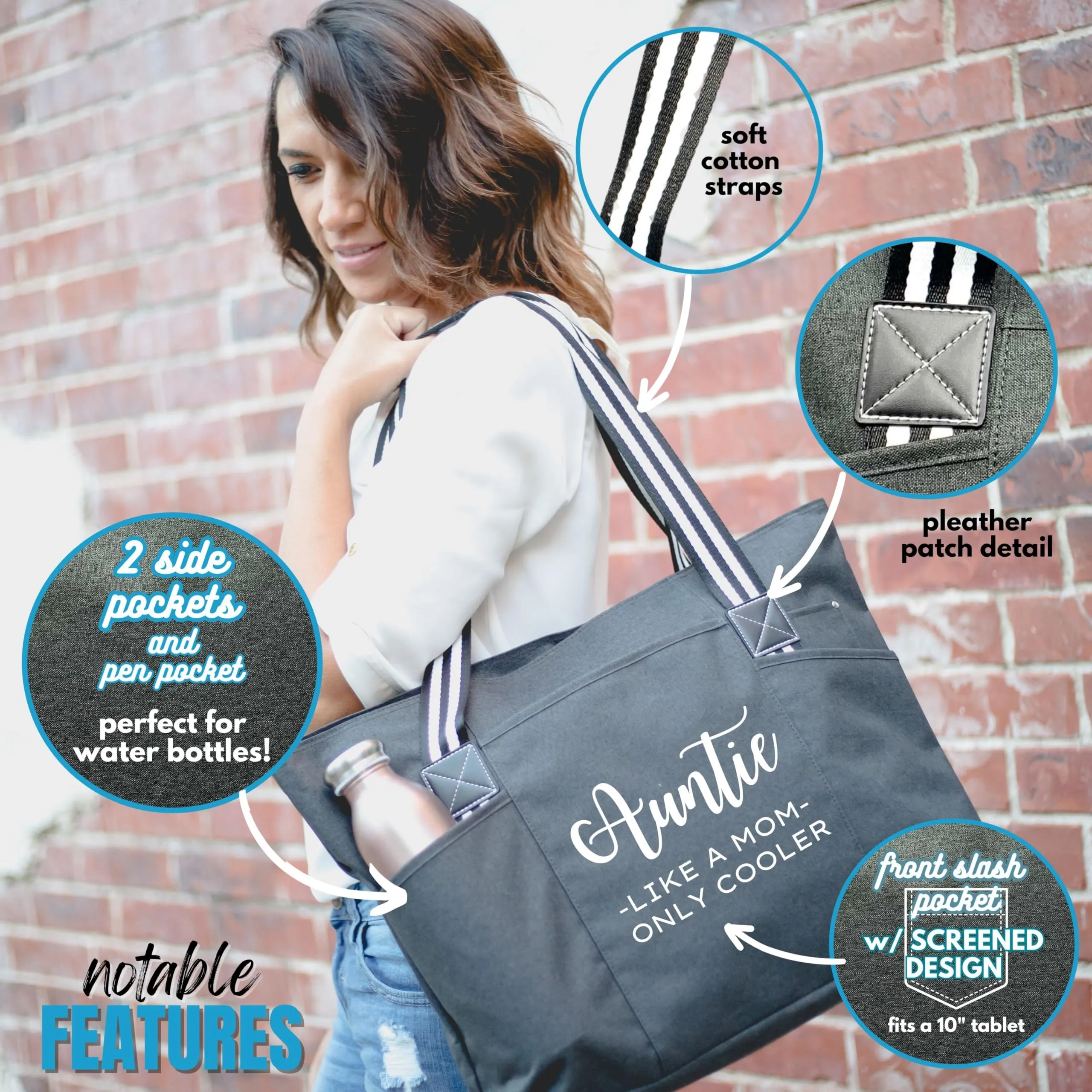 Brooke & Jess Designs Aunt Gifts - Canvas Tote Bag with Pockets from Niece, Nephew-Birthday, Christmas (Auntie Like a Mom Only Cooler Tessa Black)