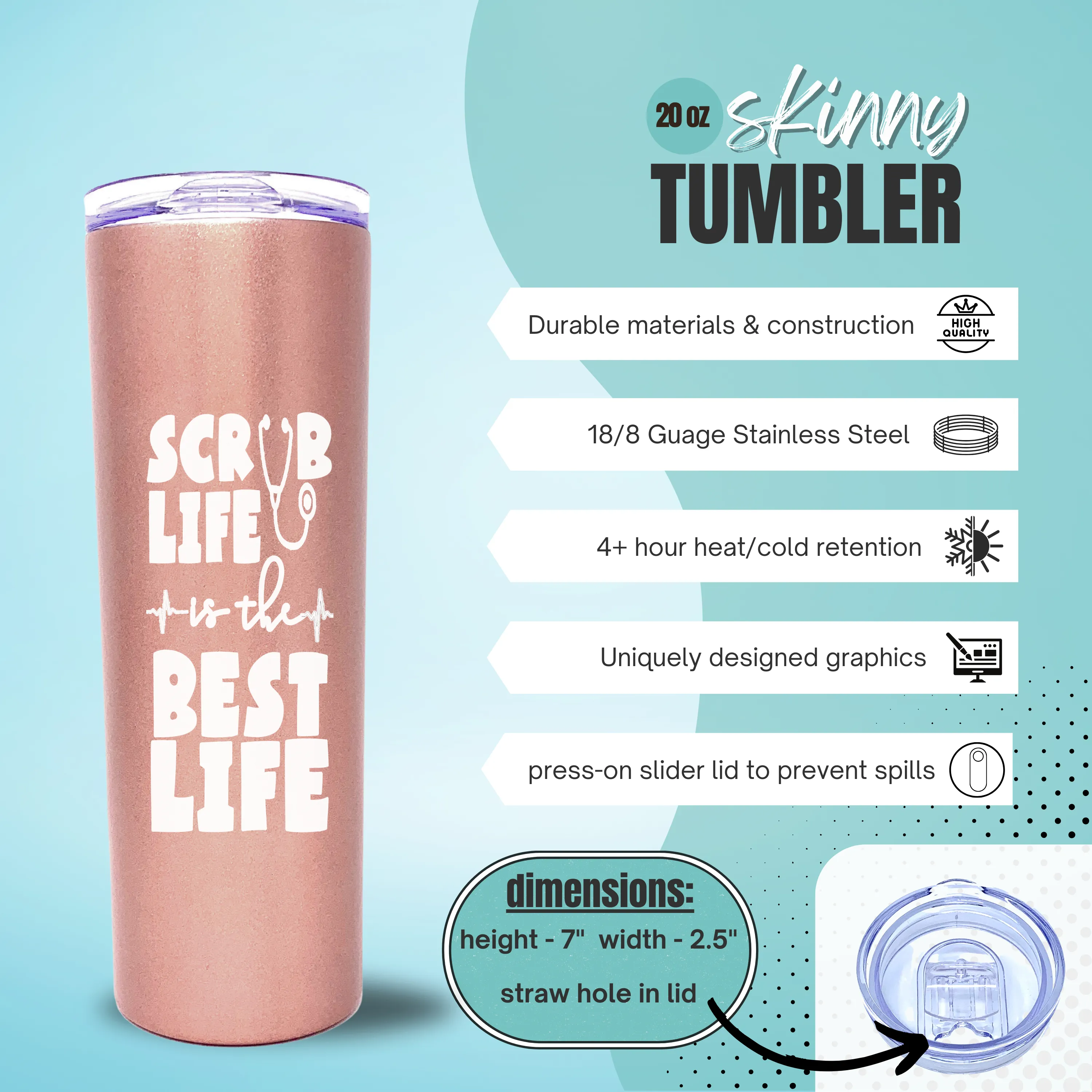 Brooke and Jess Designs - Scrub Life Lexie Tote Bag, 20 oz Skinny Tumbler, and Janie Makeup Cosmetic Bag Gift Bundle Set