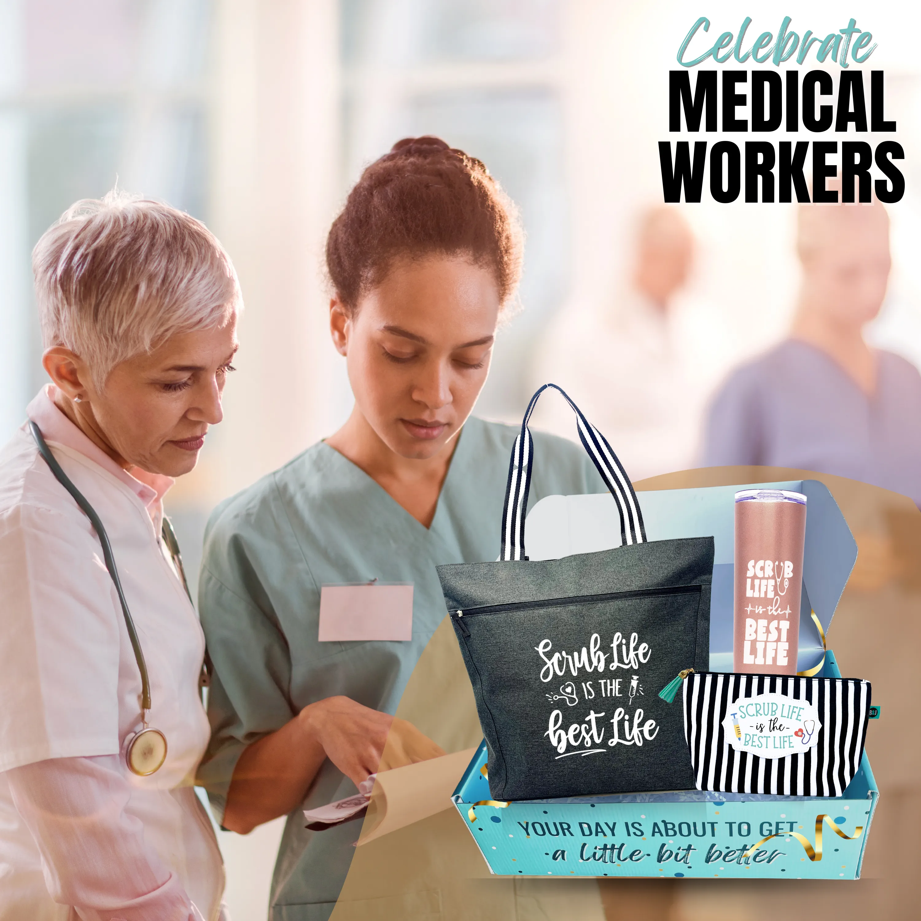 Brooke and Jess Designs - Scrub Life Lexie Tote Bag, 20 oz Skinny Tumbler, and Janie Makeup Cosmetic Bag Gift Bundle Set