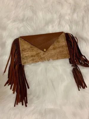 Brown Brindle Leather Clutch W/Fringe