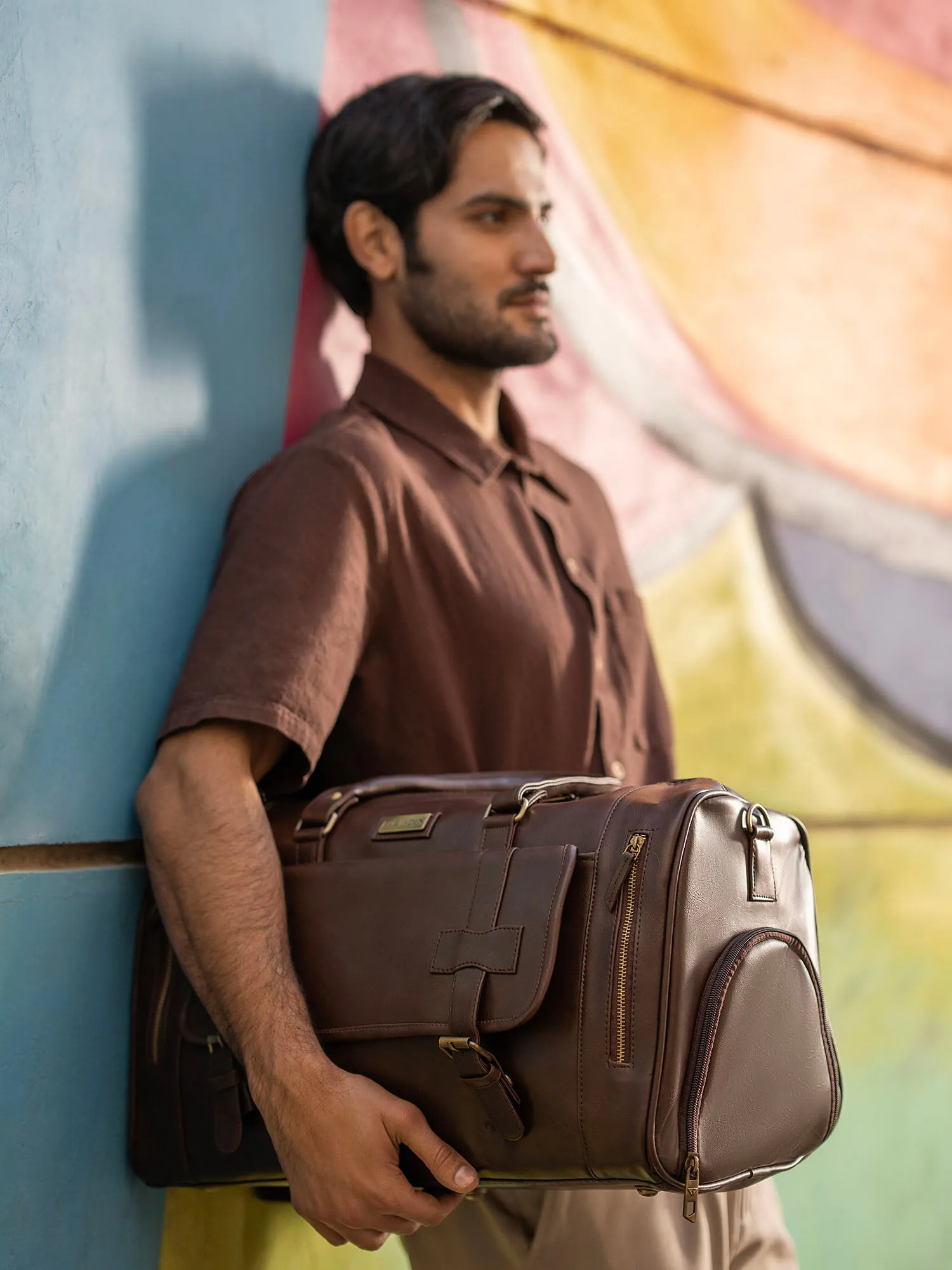 Brown Travel Duffle Bag With Shoe Pocket
