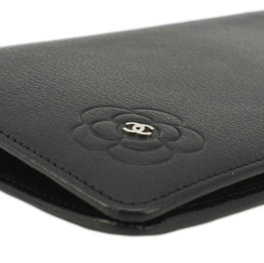 CHANEL Camellia Leather Long Bifold Wallet Black