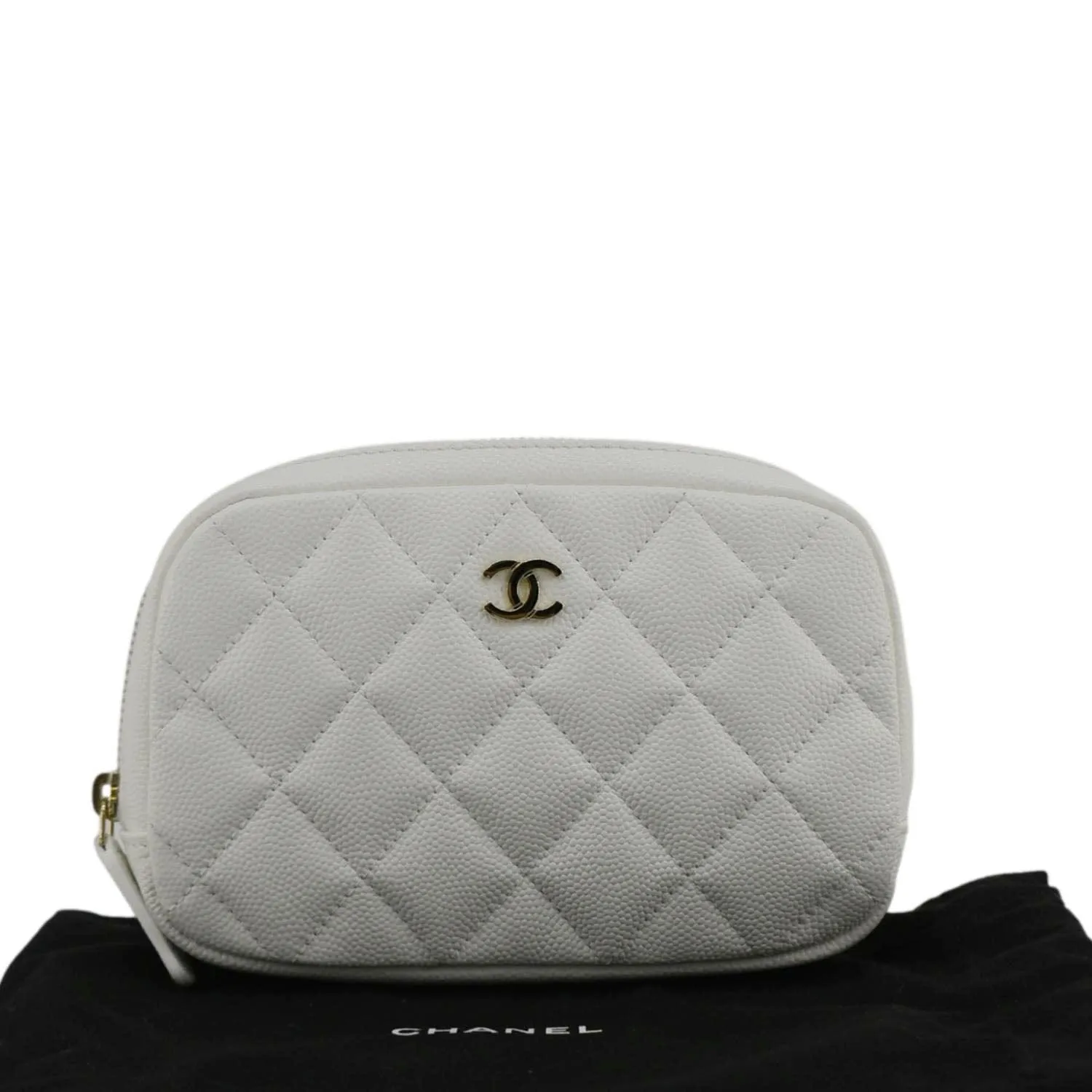 CHANEL Curvy Small Quilted Caviar Leather Cosmetic Pouch White