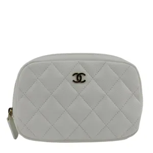 CHANEL Curvy Small Quilted Caviar Leather Cosmetic Pouch White