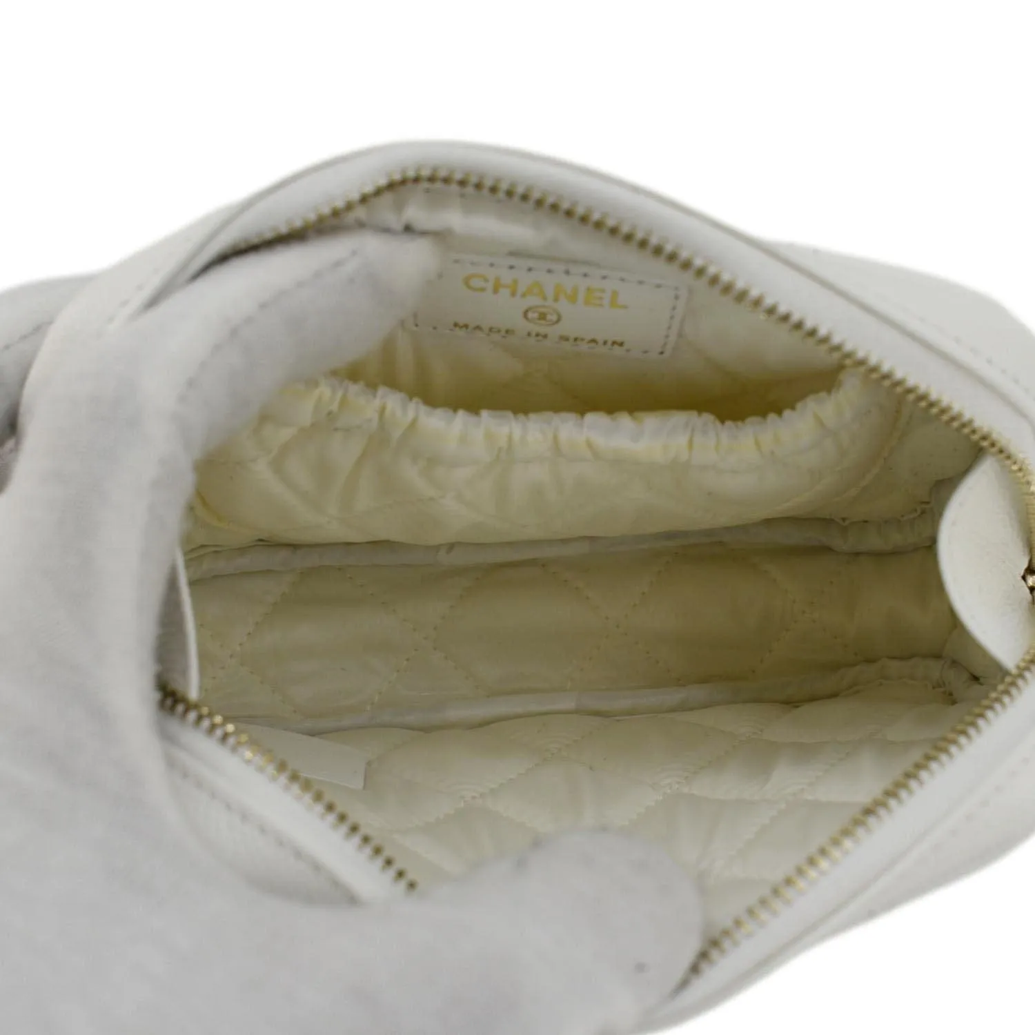 CHANEL Curvy Small Quilted Caviar Leather Cosmetic Pouch White