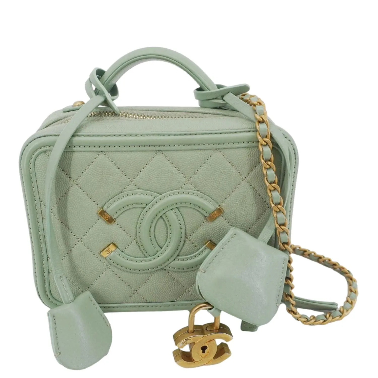 CHANEL Vanity Case Filigree CC Small Caviar Quilted Shoulder Bag Light Green