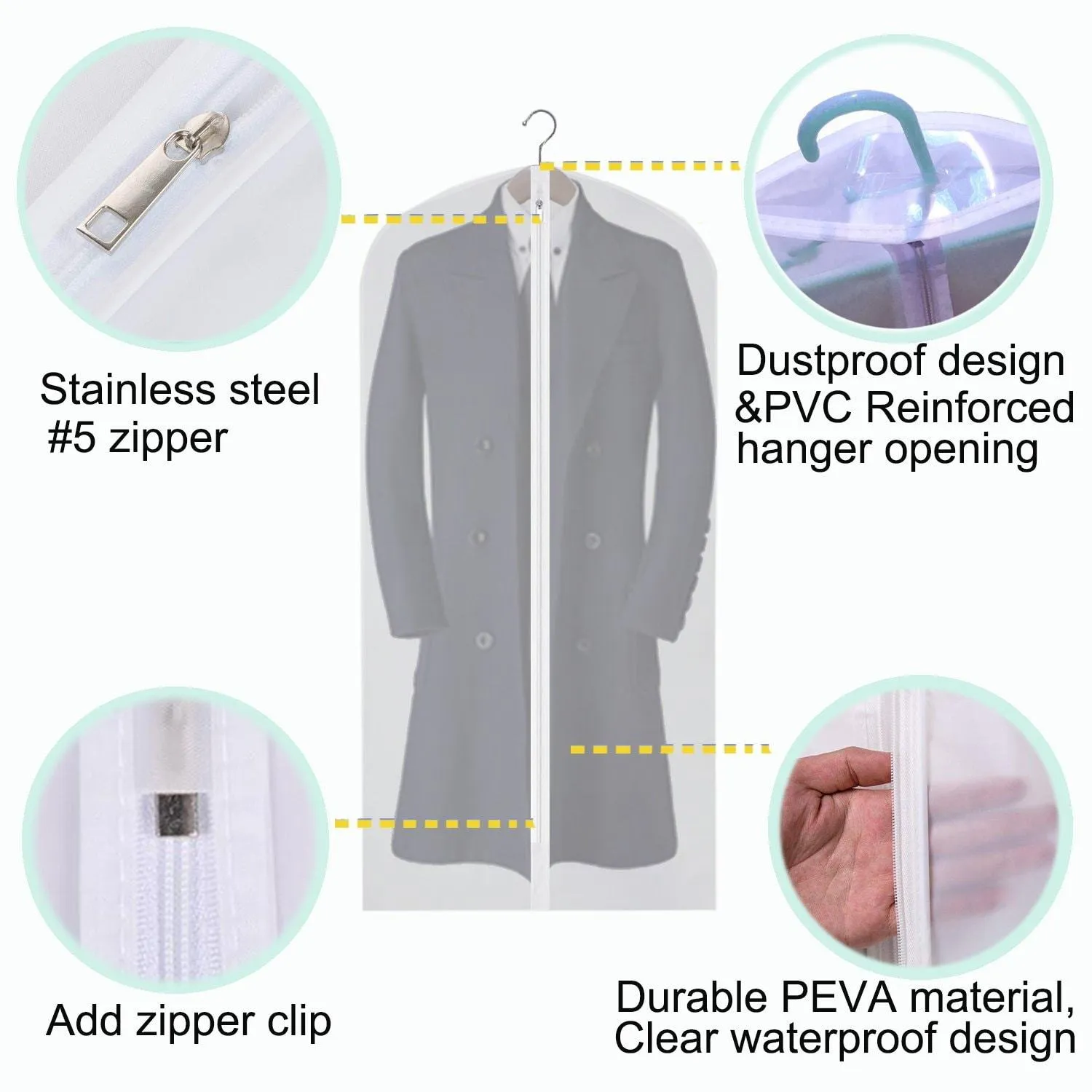 CM CUMIZON Garment Bags Hanging Garment Covers for Long Dresses Translucent Suit Bag (Set of 6) with Full-Length Zipper for Dance Costumes Gown Dress Clothes Storage 24x50 / 60 inch