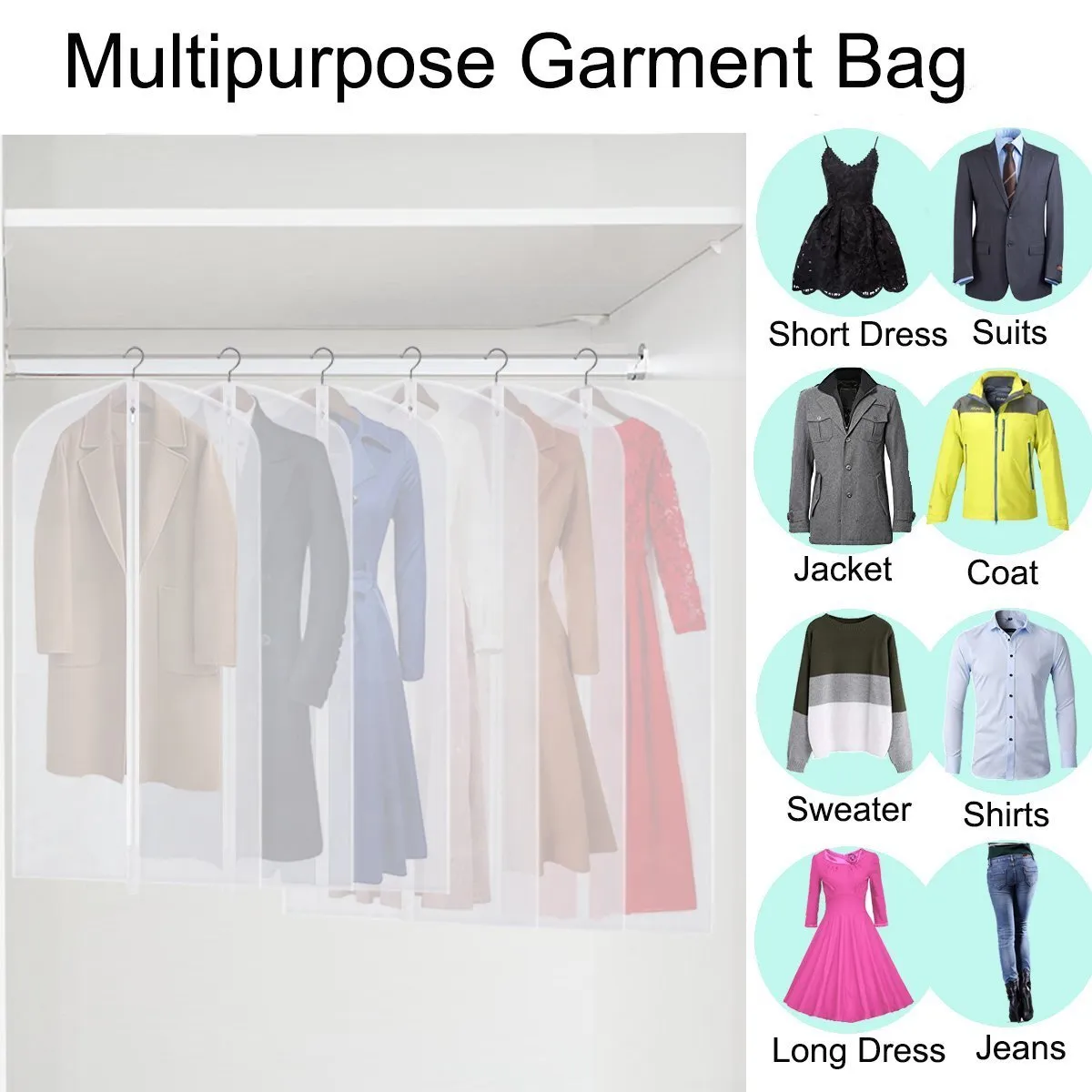 CM CUMIZON Garment Bags Hanging Garment Covers for Long Dresses Translucent Suit Bag (Set of 6) with Full-Length Zipper for Dance Costumes Gown Dress Clothes Storage 24x50 / 60 inch