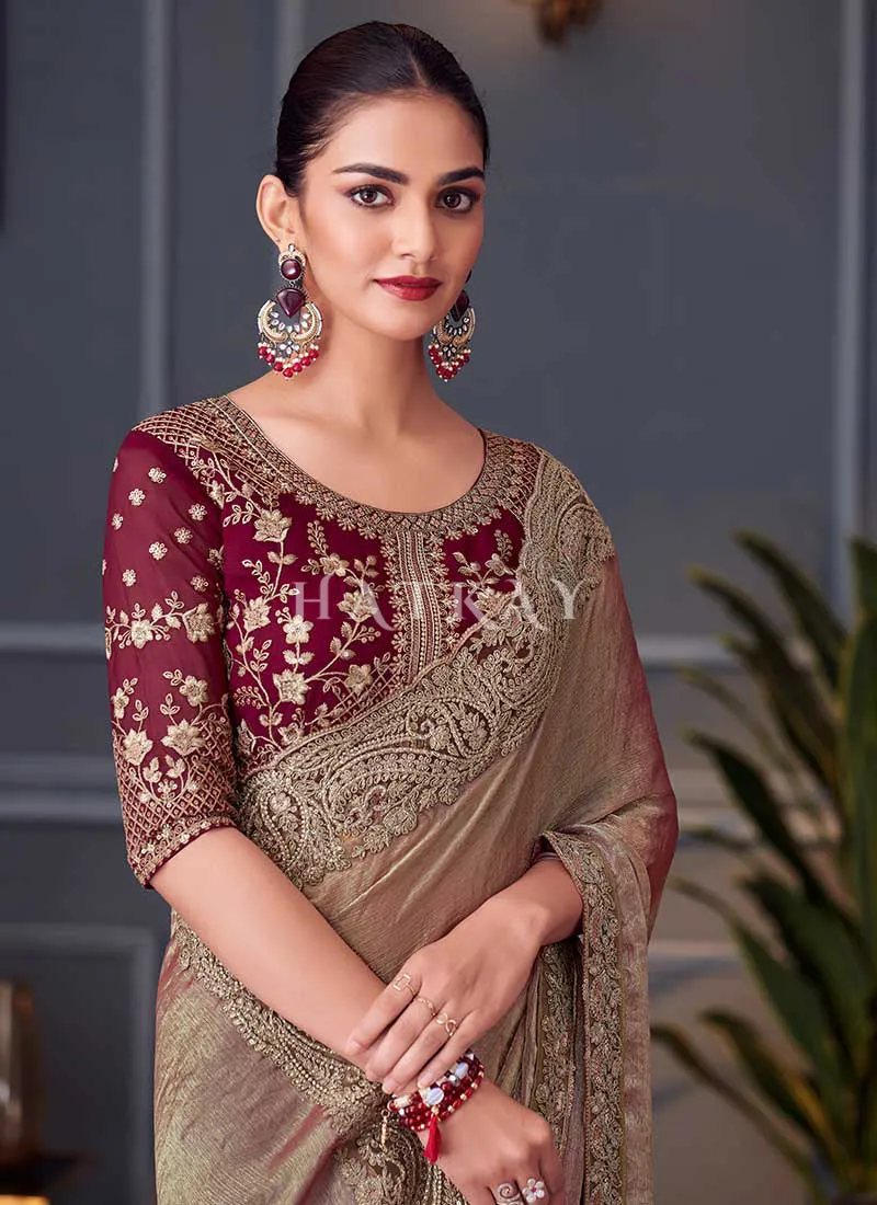 Copper Red Two Tone Embroidery Designer Saree