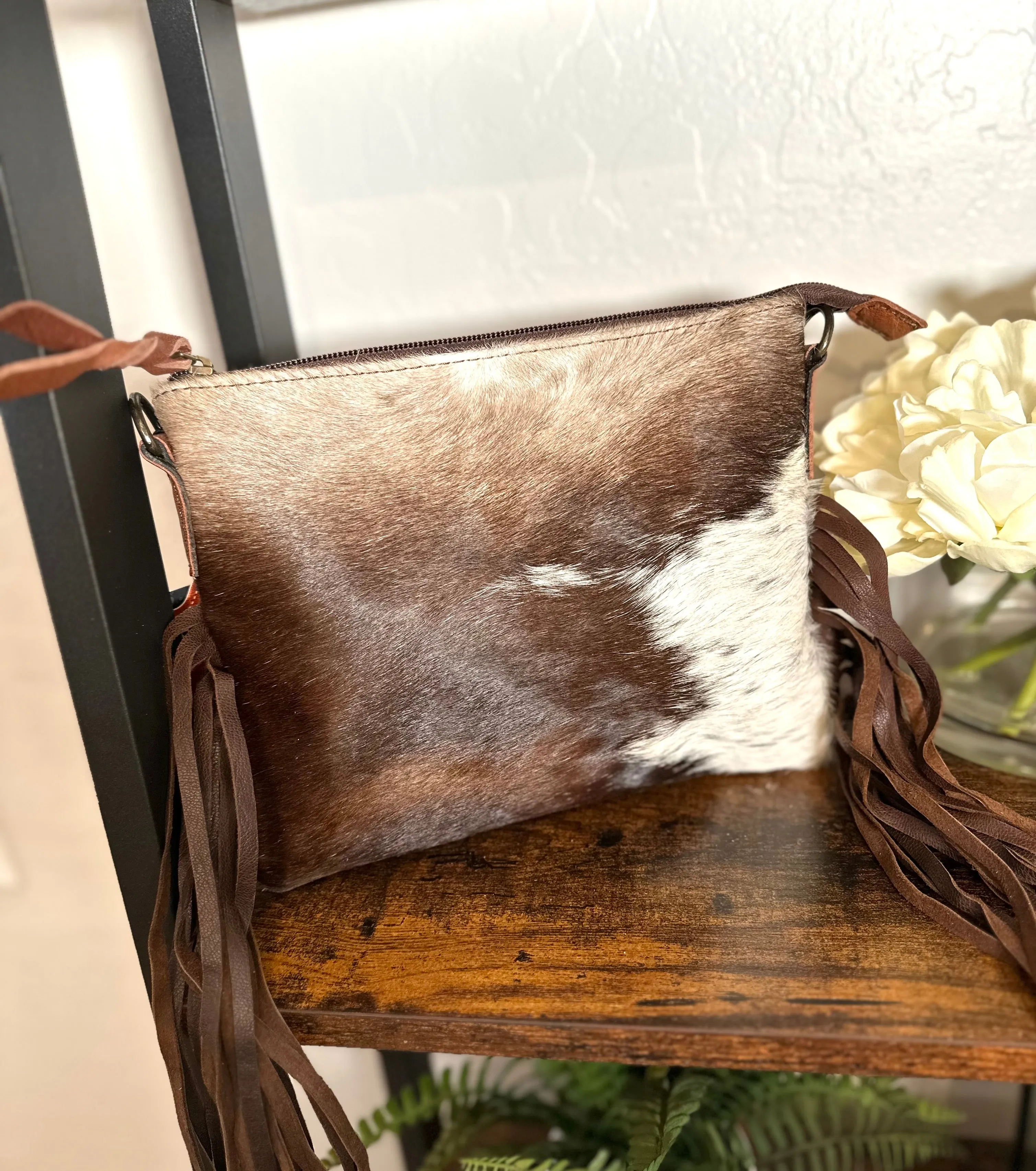 Cowgirl Weekend Dark Brown Cowhide Leather Fringe Handbag