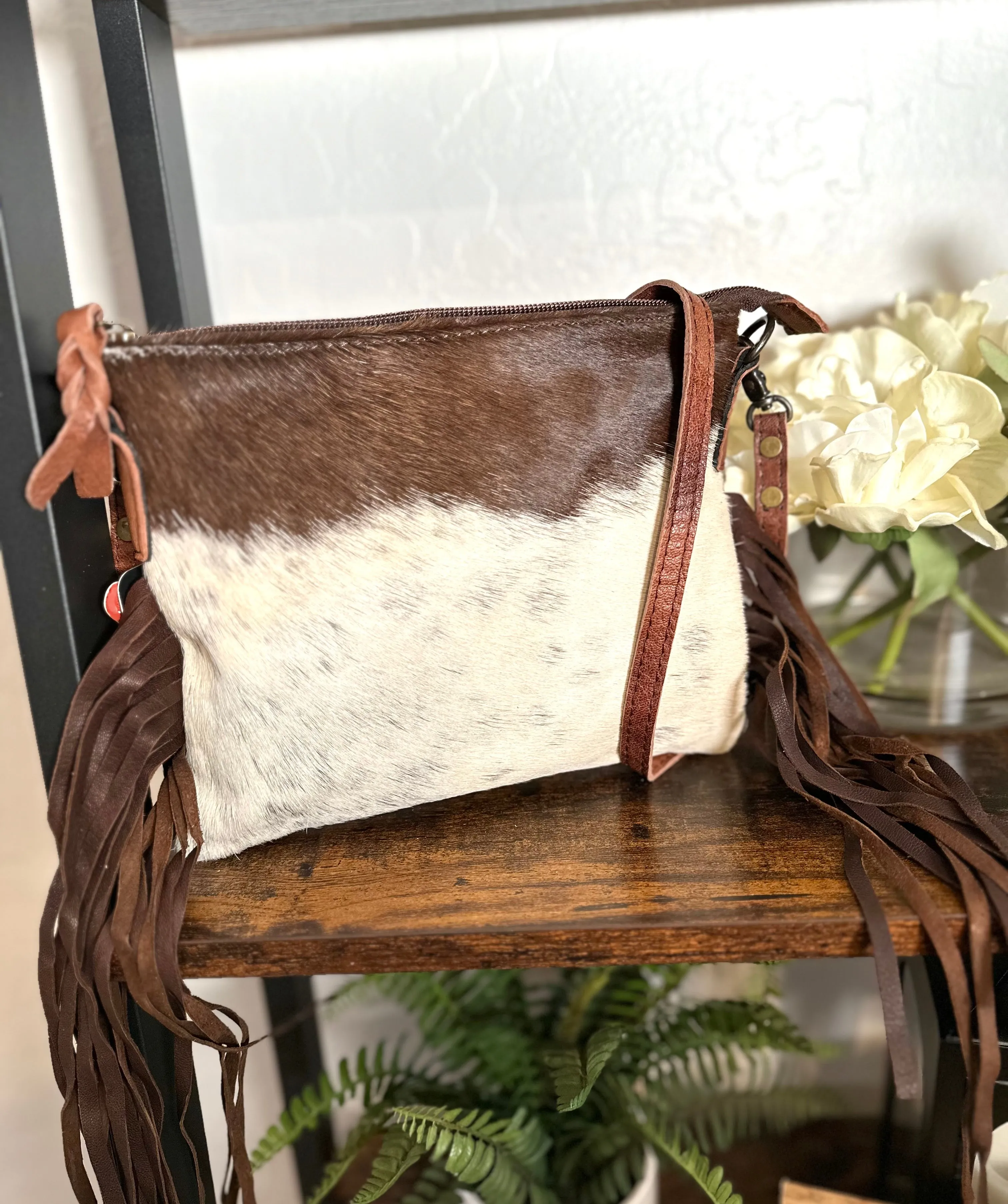 Cowgirl Weekend Dark Brown Cowhide Leather Fringe Handbag
