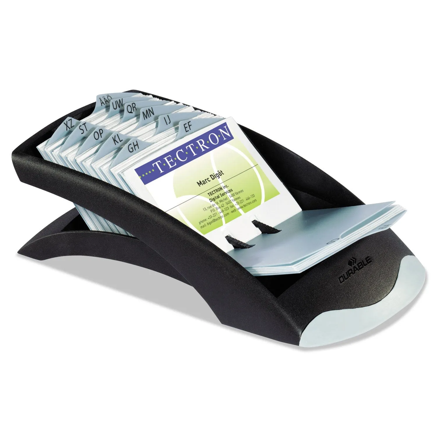 Durable® Visifix Desk Business Card File, Holds 200 2.88 X 4.13 Cards, 5 X 9.31 X 3.56, Plastic, Graphite/black