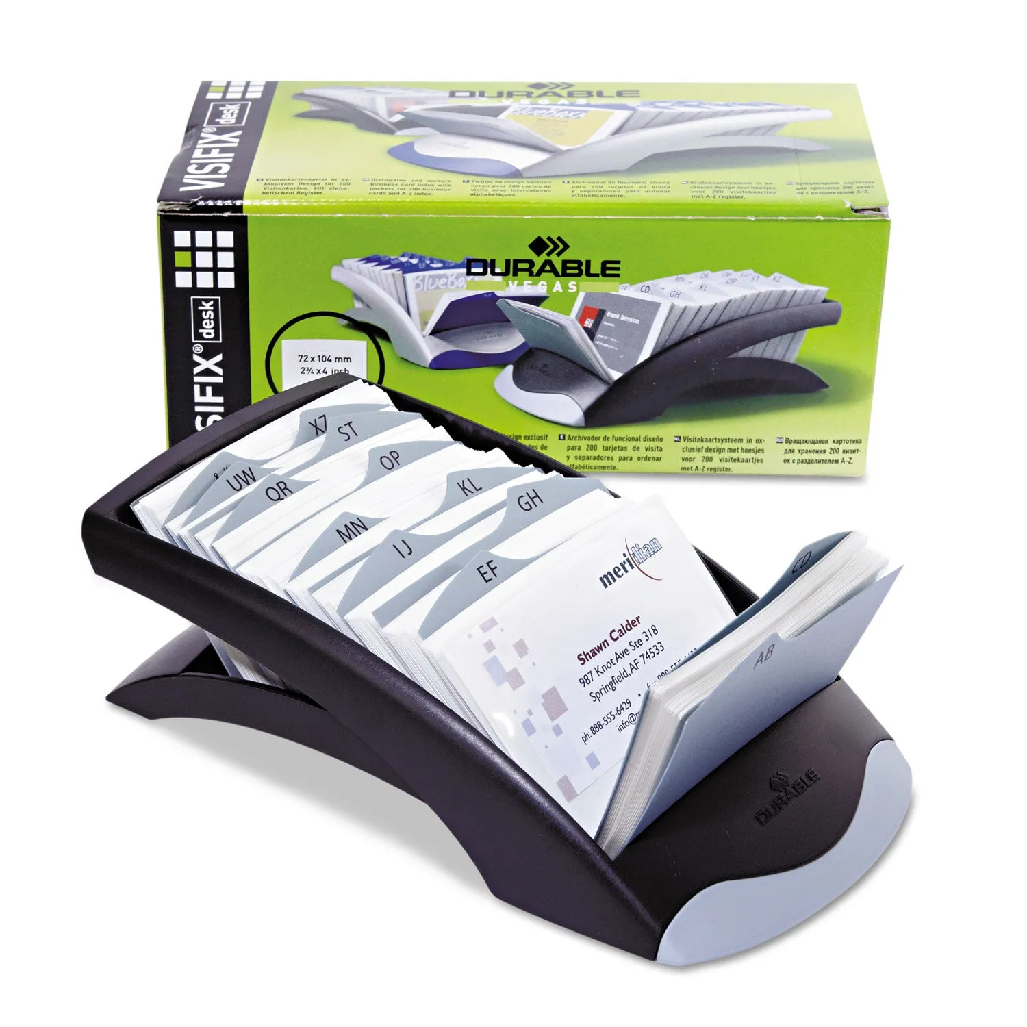 Durable® Visifix Desk Business Card File, Holds 200 2.88 X 4.13 Cards, 5 X 9.31 X 3.56, Plastic, Graphite/black