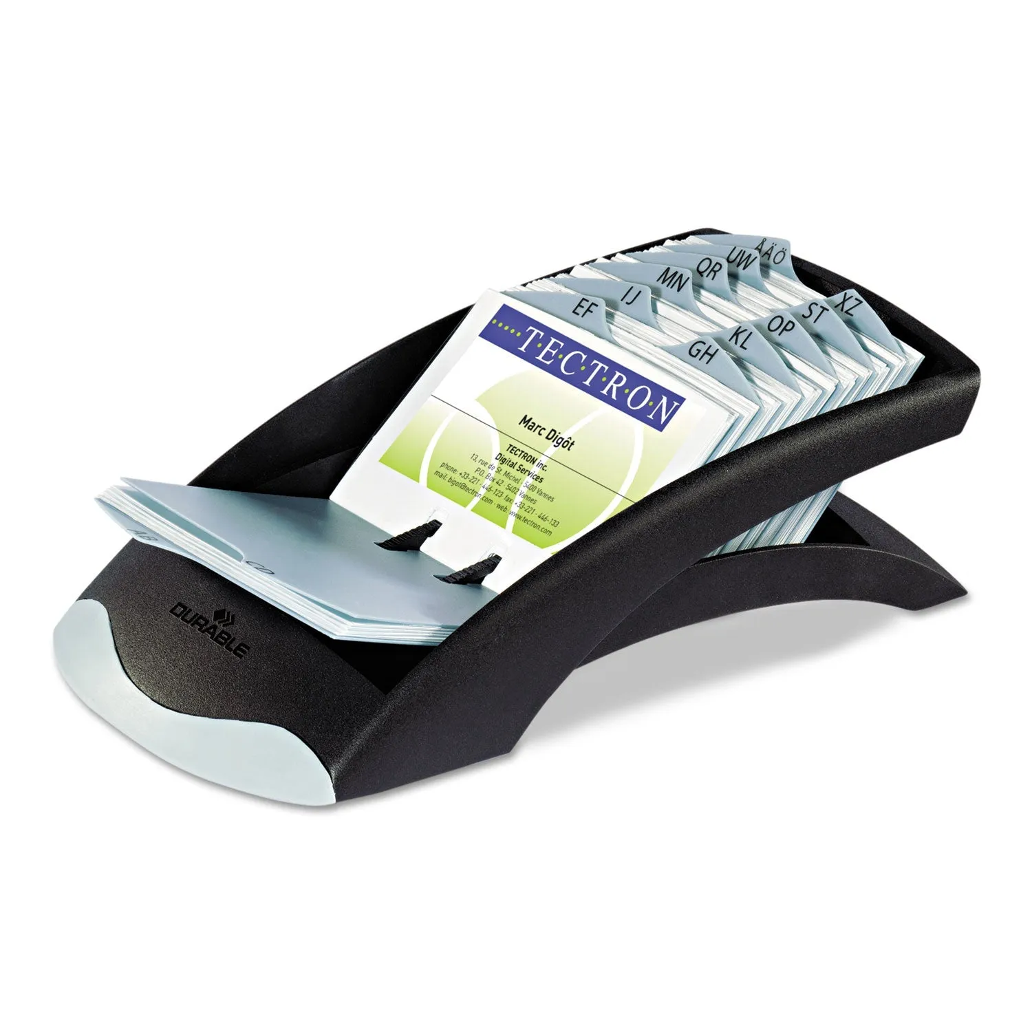 Durable® Visifix Desk Business Card File, Holds 200 2.88 X 4.13 Cards, 5 X 9.31 X 3.56, Plastic, Graphite/black