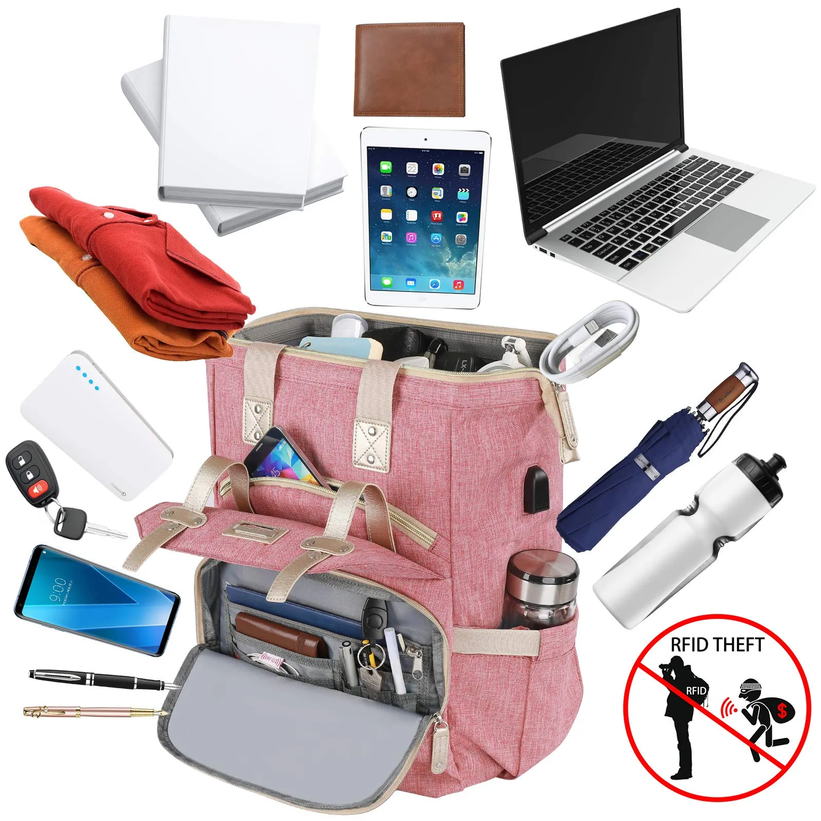 FALANKO Wide Open Pink Backpack with  USB Charging Port