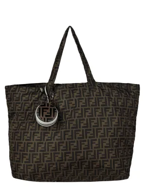 Fendi NWT Brown Monogram Nylon Foldaway Tote Bag w/ Tamburo Pocket Charm