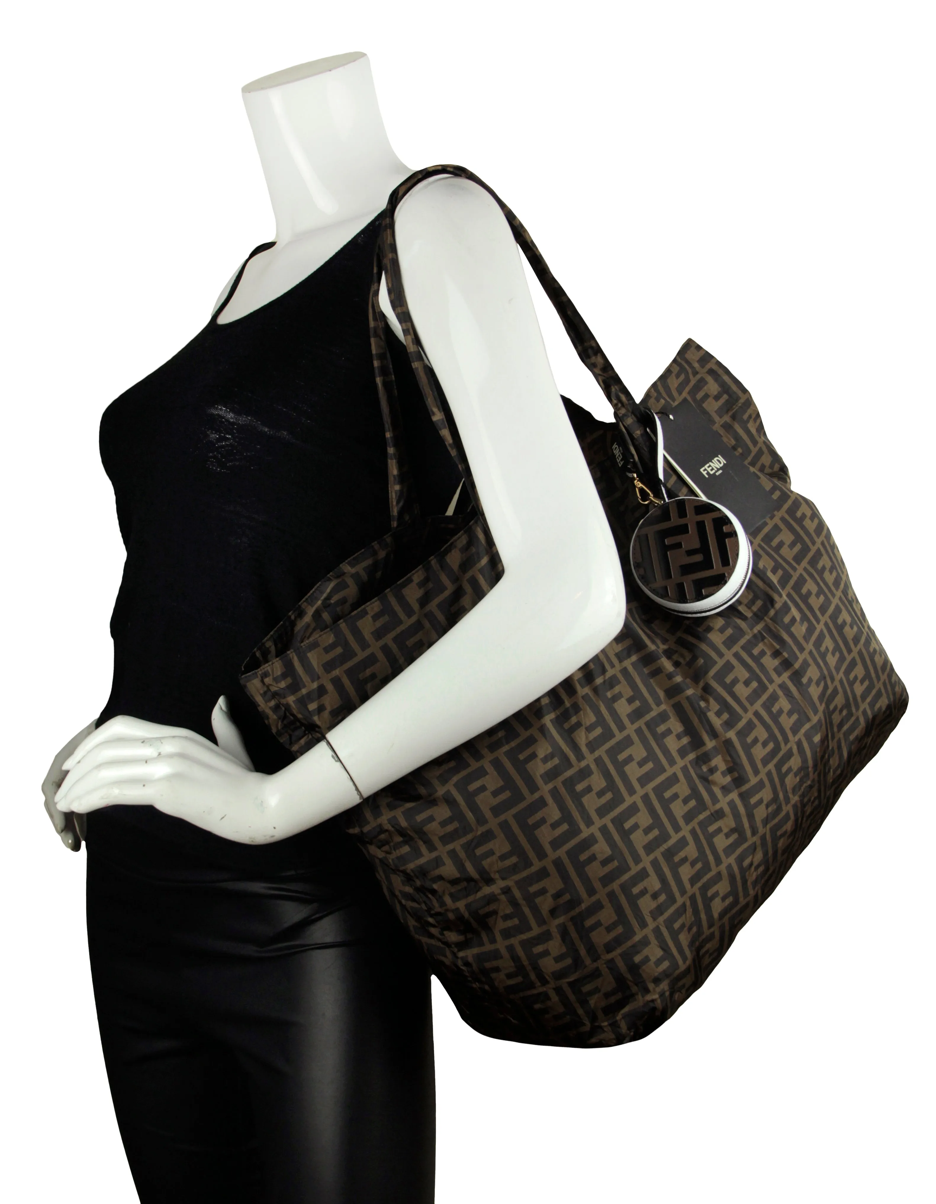 Fendi NWT Brown Monogram Nylon Foldaway Tote Bag w/ Tamburo Pocket Charm