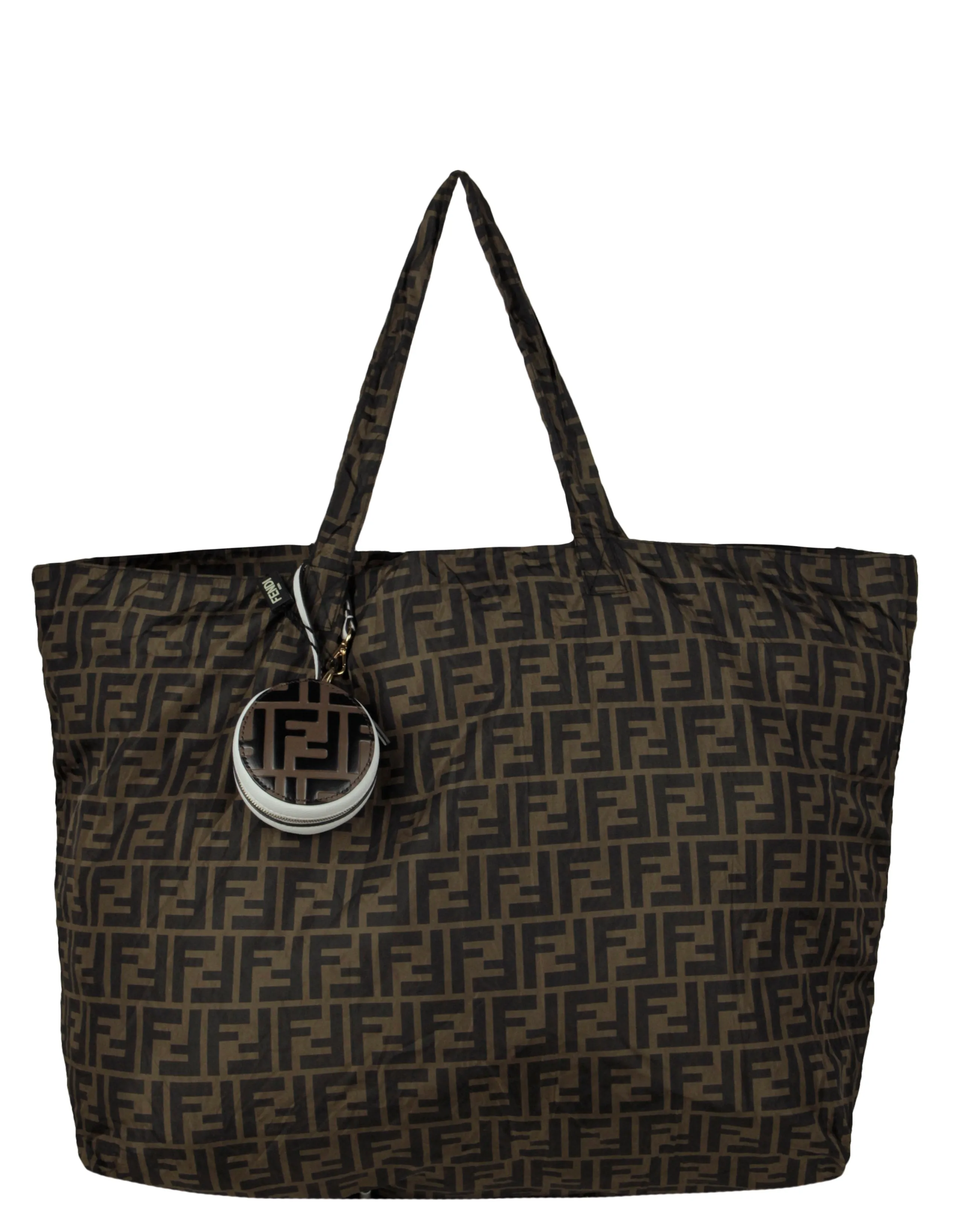 Fendi NWT Brown Monogram Nylon Foldaway Tote Bag w/ Tamburo Pocket Charm