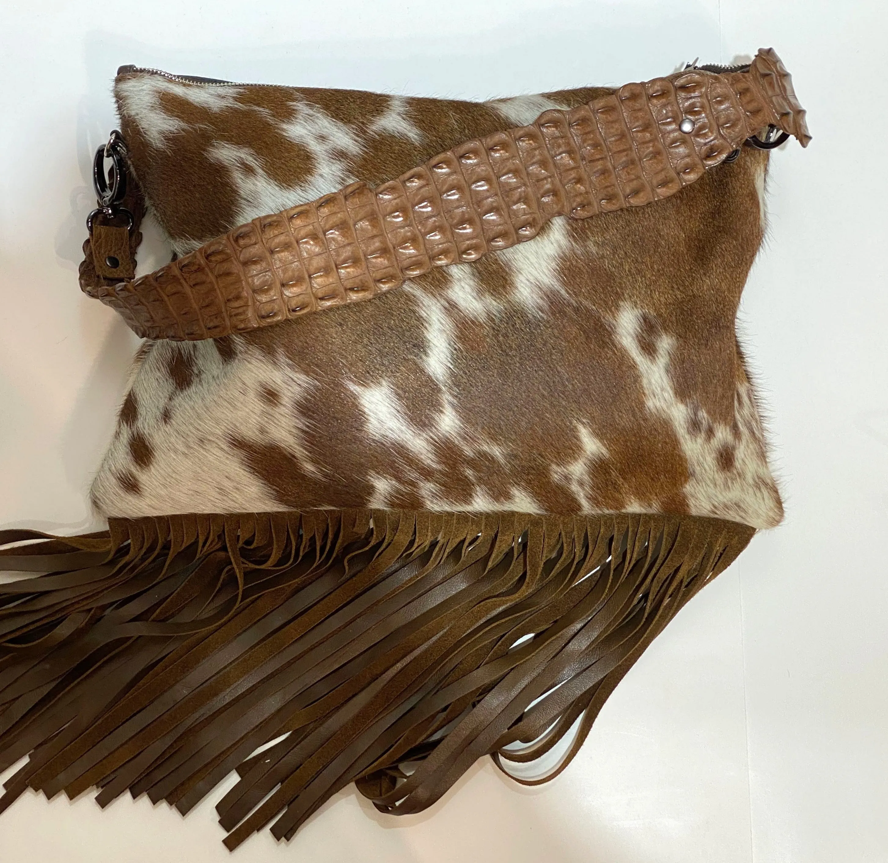 FRINGED HIDE BAG WITH CROCODILE STRAP