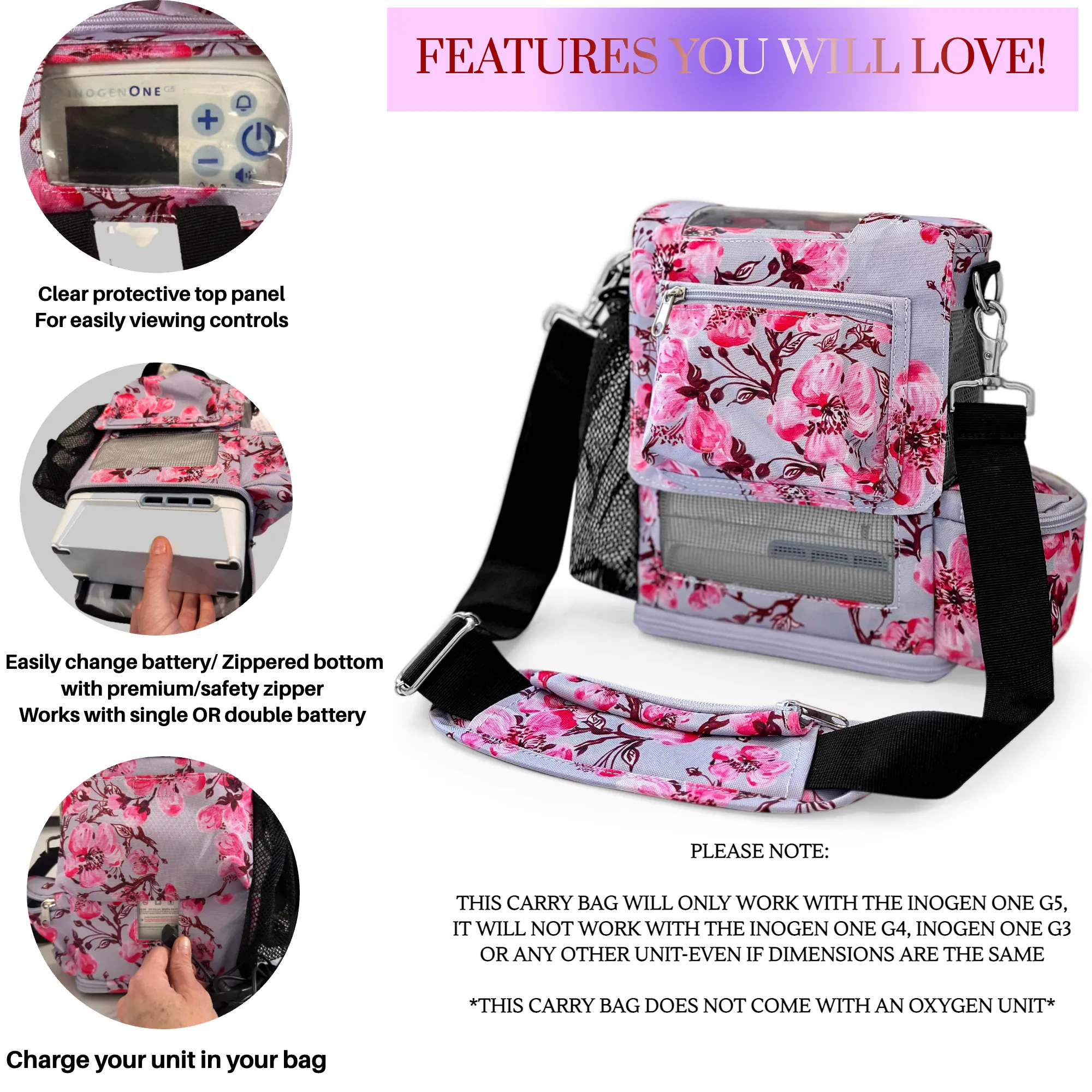 Inogen One G5 Crossbody Purse/Shoulder Bag with pockets Fits accessories, phone, zippered bottom for easily changing battery