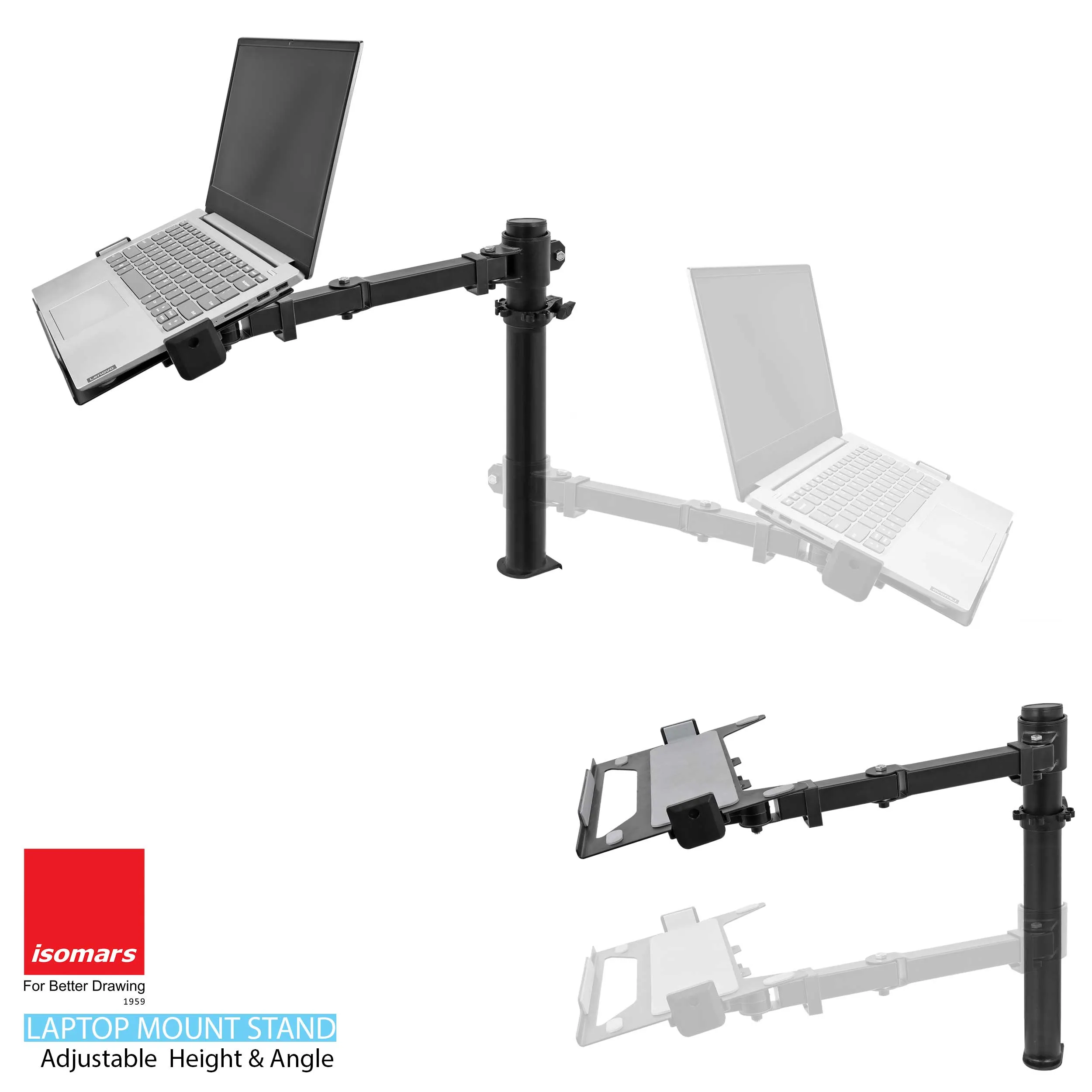 Isomars Laptop Mount Stand - Adjustable Height & Angles. Suitable for Laptop Size from 12 inches to 17 inches (30cm to 43cm).