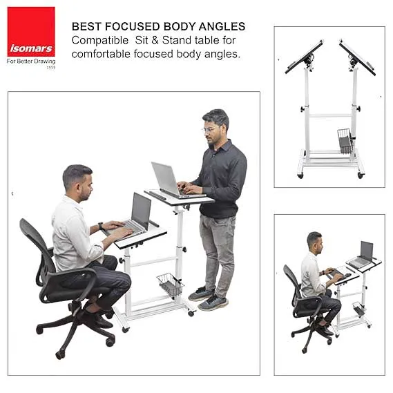 Isomars Sit &Stand 360° 2 Platforms Laptop & Projector User Table Multipurpose Angle Height & 360° Rotation Adjustable Both Side 2 Engineered Wood Board 20" / 50.8 cm x 14" / 35..5 cm (White)